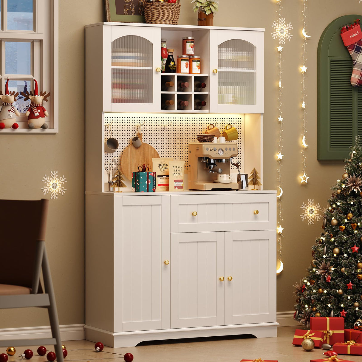 ONBRILL 71" Pantry Storage Cabinet with Microwave Shelf & Door Shelves, Kitchen Wood Pantry with Outlet & LED Light, Kitchen Hutch with DIY Pegboard & 6 Hook, Modern Cabinet with Drawer & Wine Rack ONBRILL