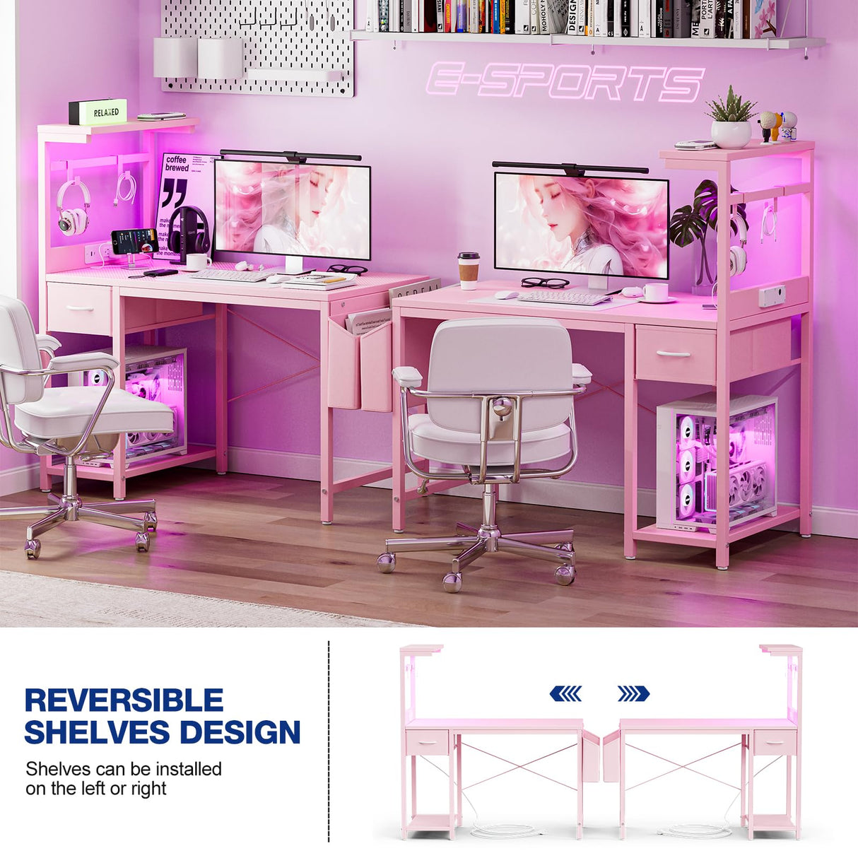 Grandder Gaming Desk 47 Inch with Power Outlet and LED Light, Computer Desk with Reversible Shelves and Storage Drawer, Pc Small Desk for Home Office Table with Bag, Carbon Fiber Pink Grandder