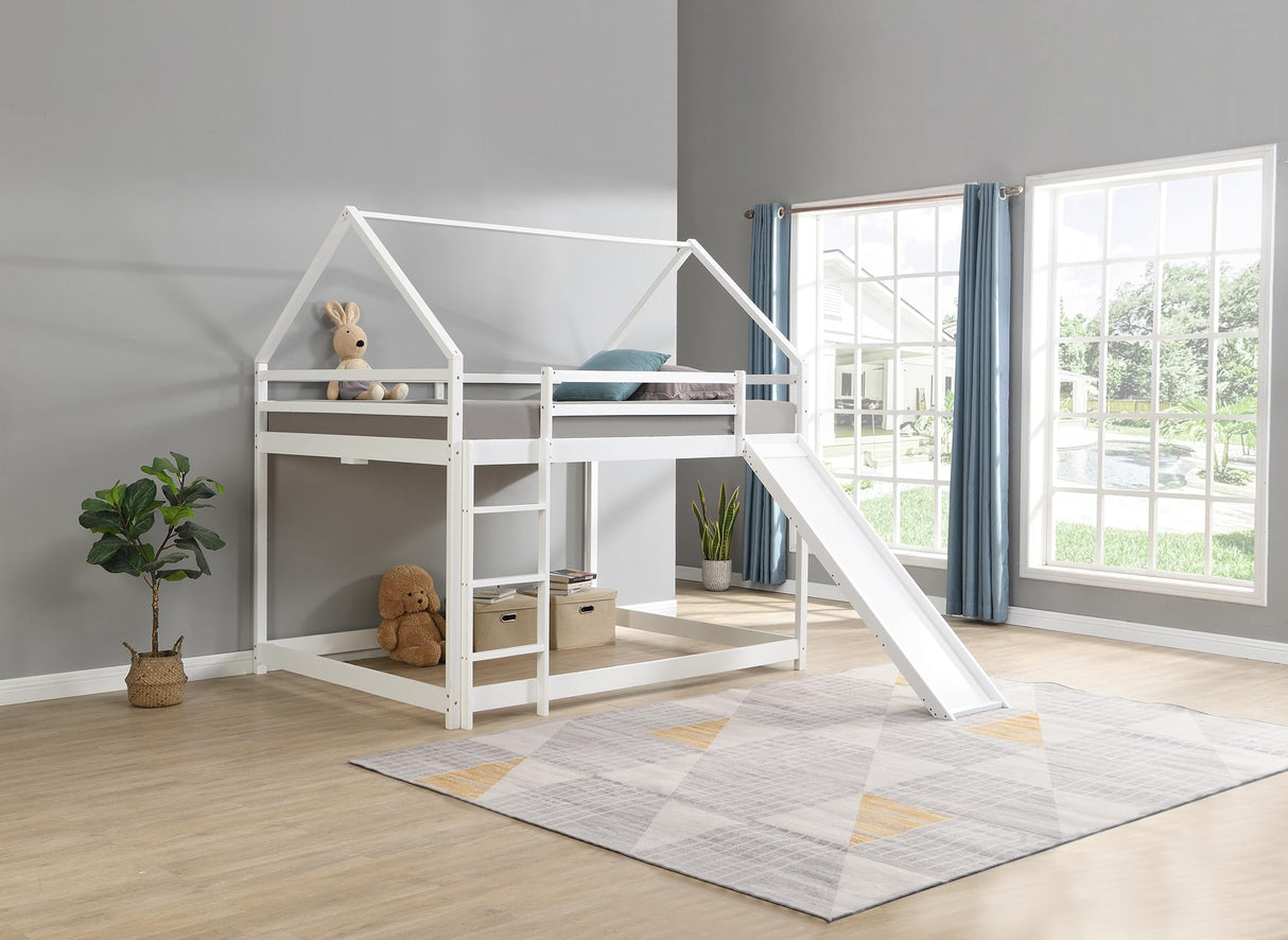 Full Size Loft Bed with Slide, Space Saving House Bunk Beds for Kids Bedroom Furniture, Pine Wood Bed Frame with 12.4" High Safety Guardrail & Ladder, No Box Spring Needed, Teens, Girls, Boys, White Obuvar