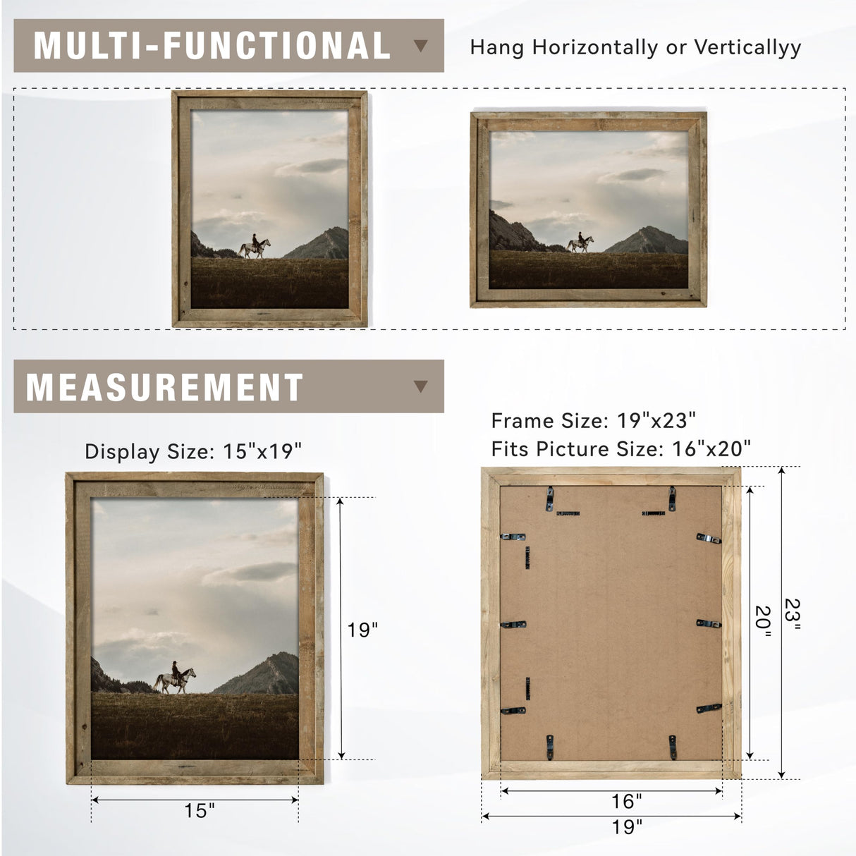 Rustic 16x20 Picture Frame, Reclaimed Barnwood Frame with Tempered Glass, Distressed Gallery Frame Set, Mounting or Table Display for Photos Posters FLYJOE