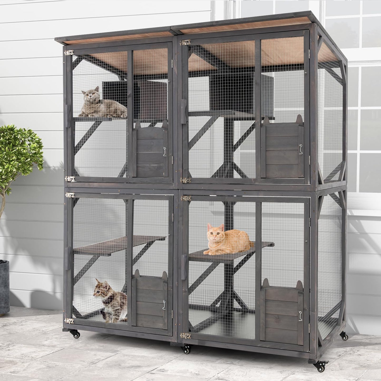 Tangkula Catio Outdoor Cat Enclosure Large, 72 Inch Tall Wooden Cat House with Weatherproof Asphalt Roof, Cat Cage Playpen on Wheels with 4 Platforms & 2 Resting Boxes, Walk-in Cat Kennel Condo