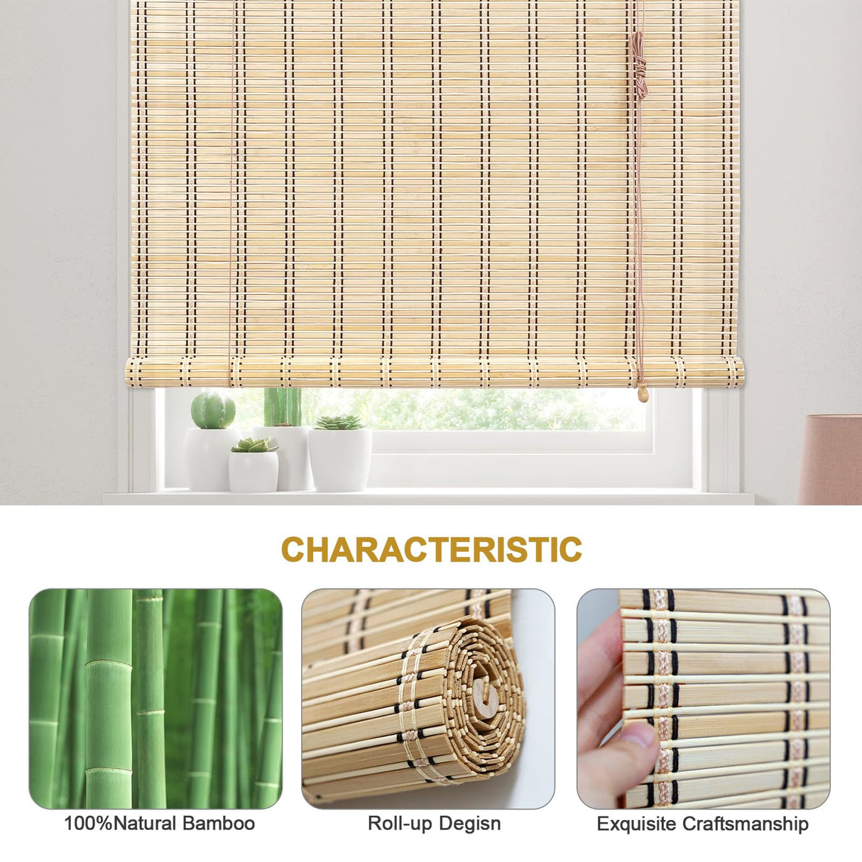 HIAPES Bamboo Blinds, Bamboo Shades for Patio, Bamboo Shades for Windows, Custom Size, Easy to Install, Bamboo Shades are Suitable for Decks, Porches, and Backyards, 25×64in/64×163cm(W×L), Black HIAPES