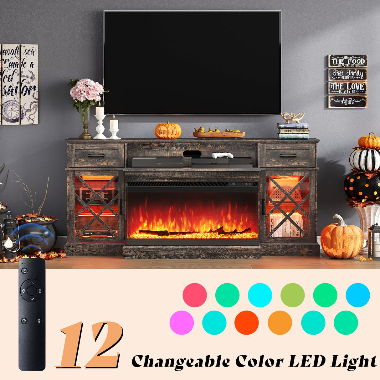 AMERLIFE Farmhouse LED Fireplace TV Stand with 3-Sided Glass Fireplace, 70" Large Entertainment Center for TVs up to 80", Rustic TV Console with Glass Door Storage for Living Room, Dark Oak Wood AMERLIFE