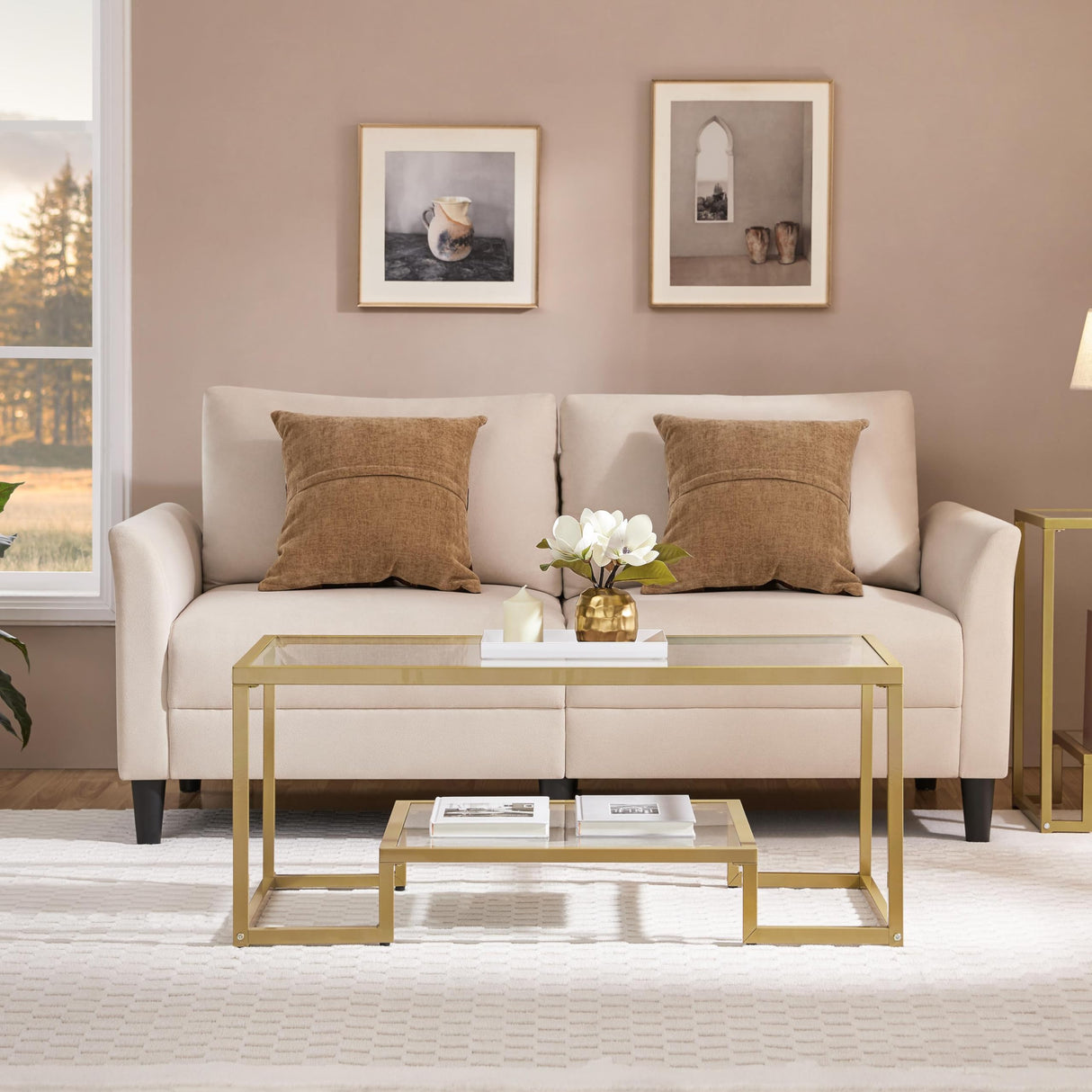 Yaheetech Gold Coffee Table, 42" Rectangular Glass Coffee Table for Living Room, 2-Tier Center Tea Tables with Metal Frame for Small Space, Apartment, Office Yaheetech