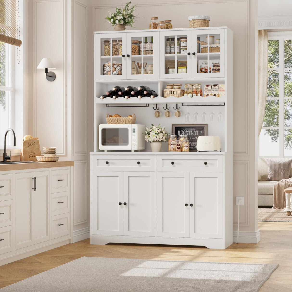 HOSTACK 75.4" Tall Kitchen Pantry Cabinet with Charging Station, Modern White Kitchen Hutch with Microwave Stand and Wine Racks, Large Food Pantry Storage Cabinet with Glass Doors and Drawers, White HOSTACK