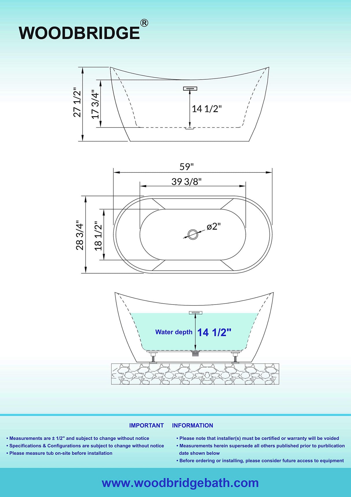 WOODBRIDGE 59" Acrylic Freestanding Bathtub Contemporary Soaking Tub, Black Acrylic(Matte Black Drain/Overflow),BTA1816-MB WOODBRIDGE
