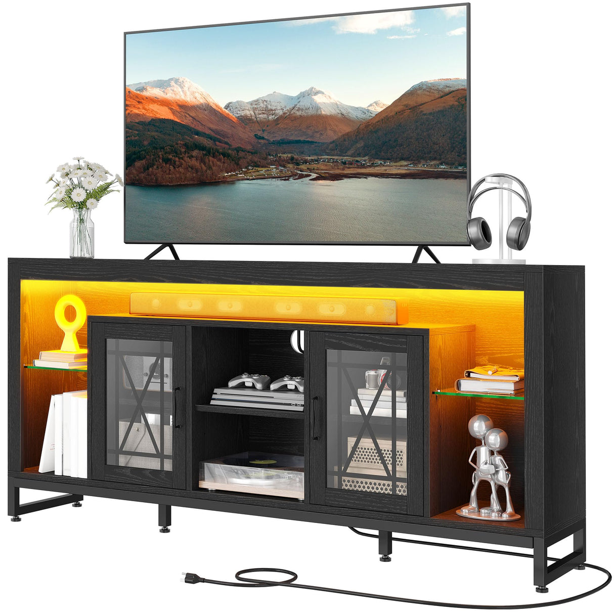 YITAHOME 33.5'' Tall TV Stand for 75 inch TV, LED Entertainment Center with Storage, Black TV Stands for Living Room with Acrylic Doors & Power Outlets, Tall TV Console Cabinet, Black YITAHOME