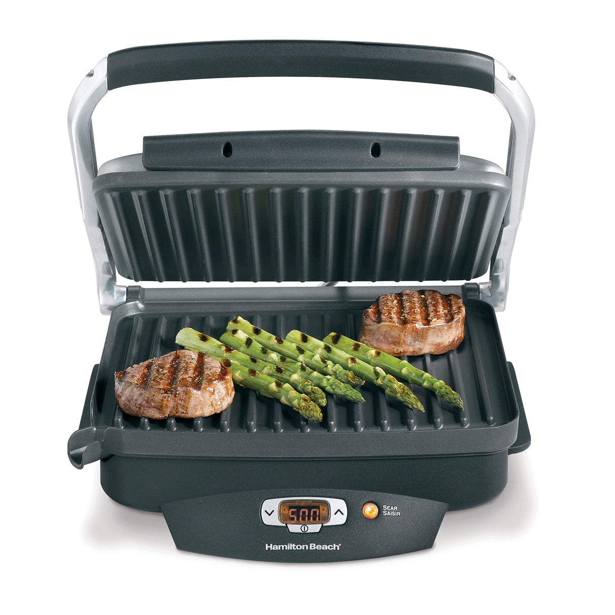 Hamilton Beach Steak Lover's Electric Indoor Searing Grill, Nonstick 100 Square, Stainless Steel (25331), Black and Stainless, Medium Hamilton Beach