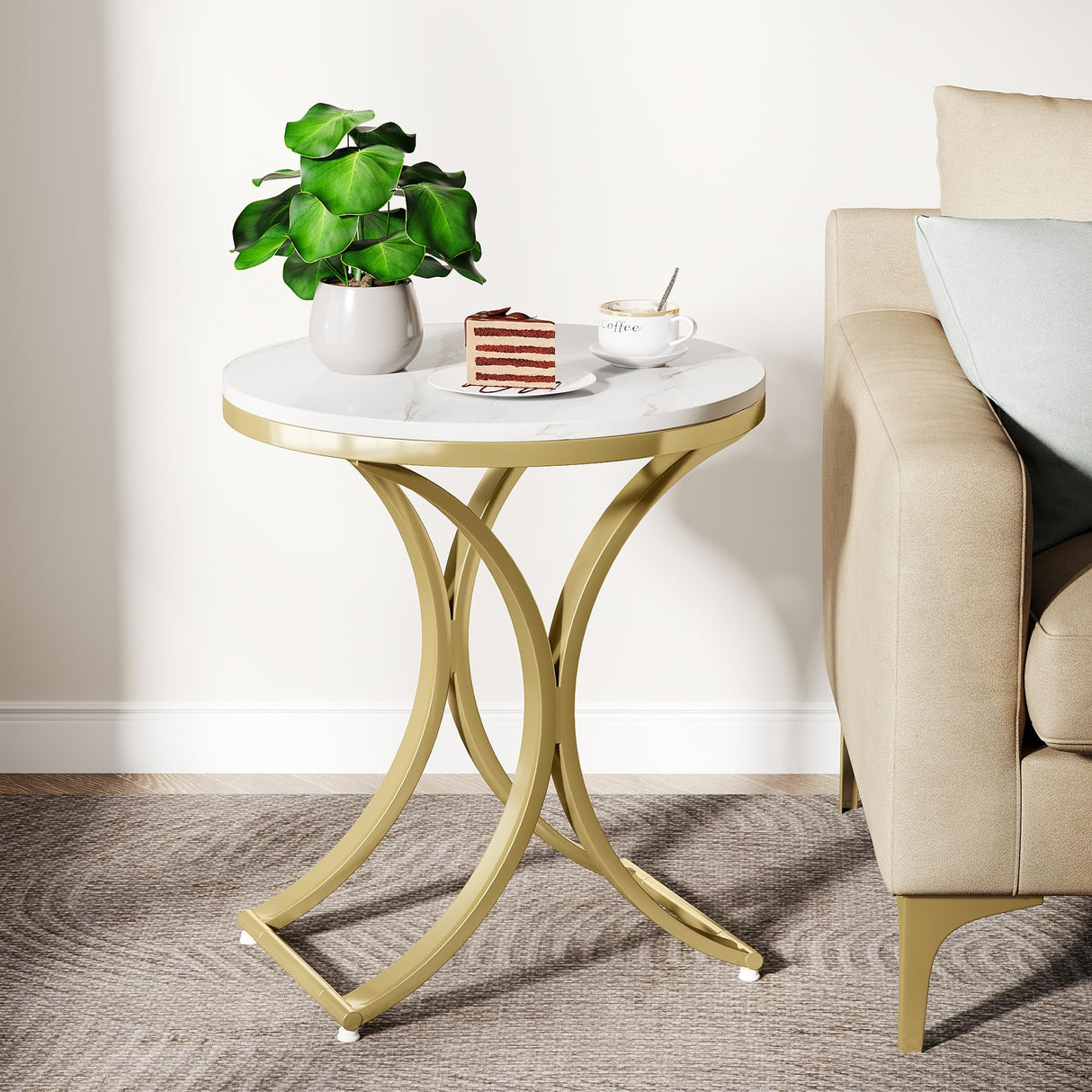 Tribesigns White and Gold End Table Small Round Faux Marble Sofa Side Table (1) Tribesigns