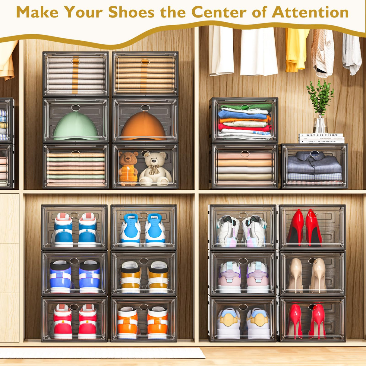 7 code Thicken & Sturdy Clear Shoe Storage Organizer with Magnetic Door, Stackable Boxes for Closet, Foldable Shoe Rack for Sneaker Boot Container, Plastic Shoe Cabinet Shoe Box 6 Pack, Black 7 code