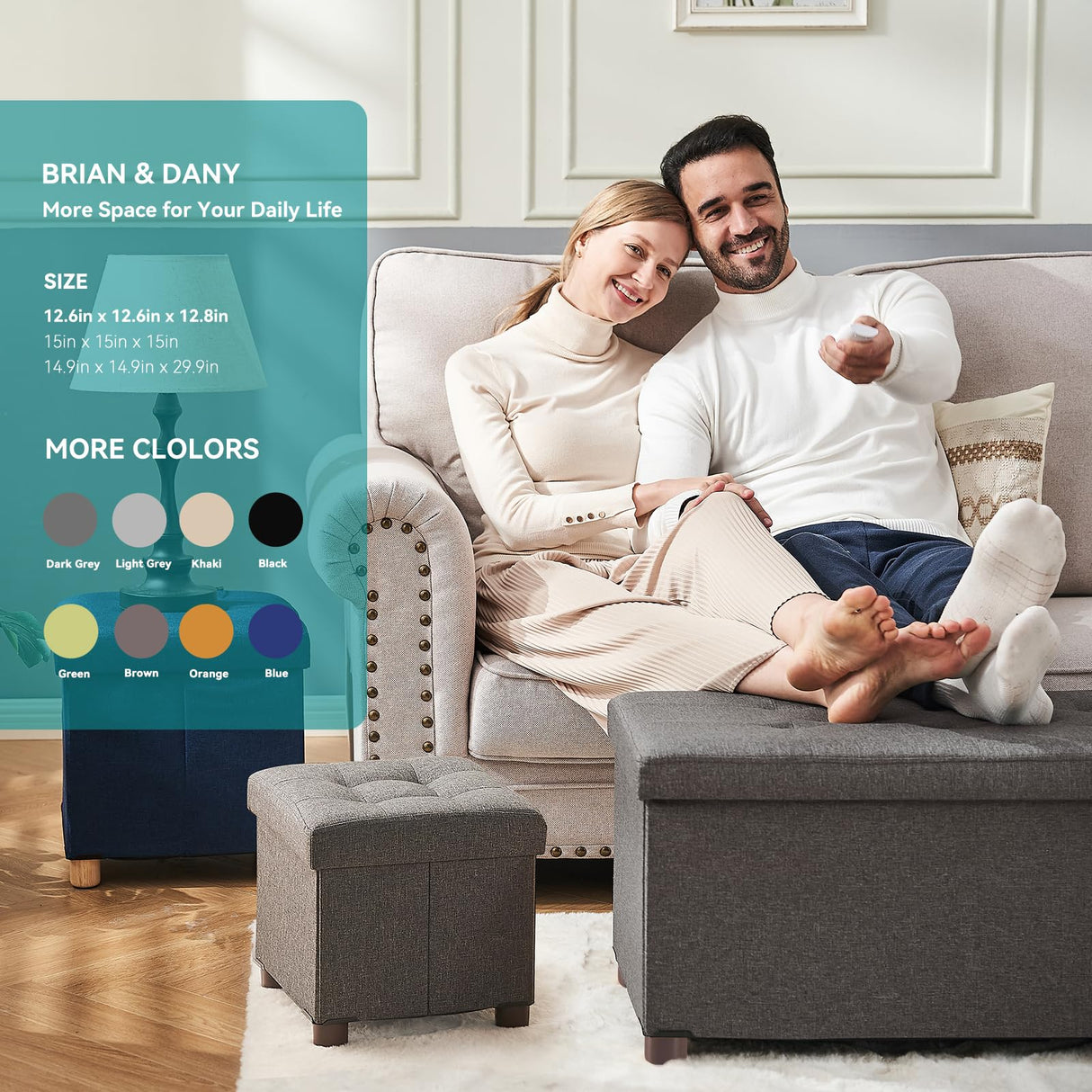 BRIAN & DANY Small Ottoman with Storage, Small Storage Ottoman, Folding Foot Stool with Wood Legs for Living Room and Bedroom Linen Rest Seat, 12.6"x12.6"x12.8" - Brown BRIAN & DANY