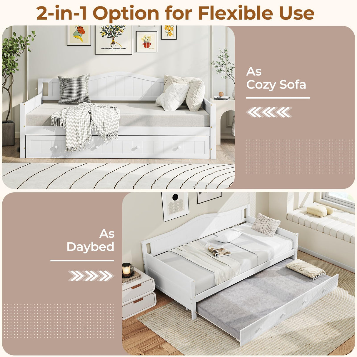 Giantex Twin Daybed with Trundle, Solid Wood Day Bed with Slats Support, Integrated Headboard & Armrests, Modern Trundle Bed Twin for Living Room, Bedroom, Guest Room, No Box Spring Needed (White) Giantex