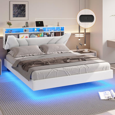 DICTAC Full Size Floating Bed Frame with LED Lights, USB & Type-C Ports - Modern Upholstered Platform with Hidden Storage and Noise-Free Design