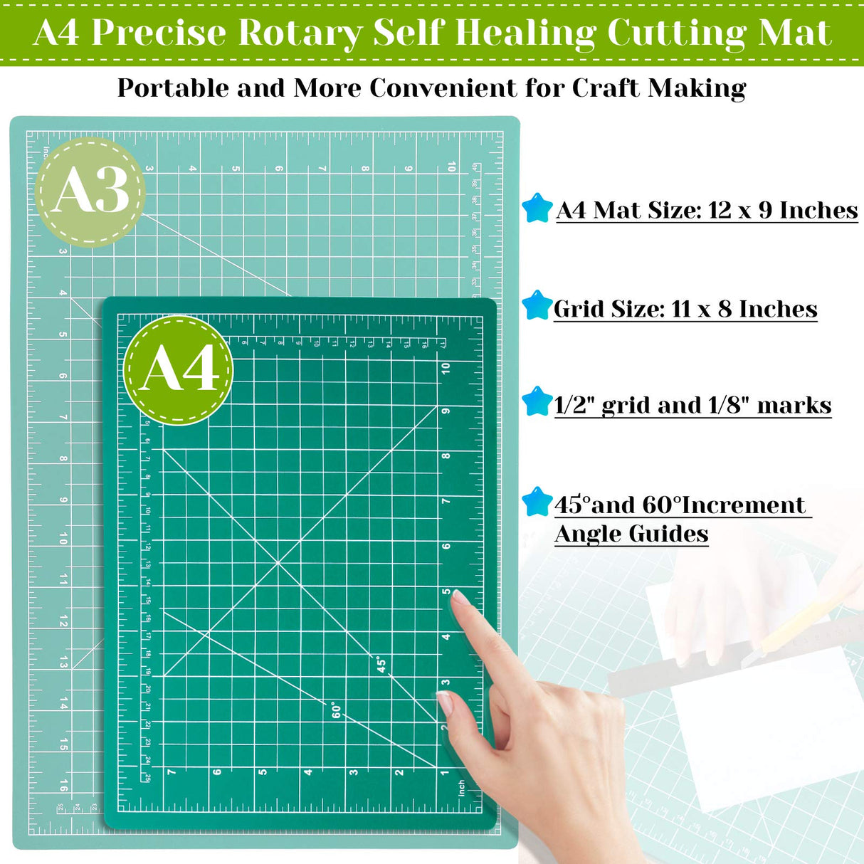 Rotary Cutter Set, Audab Self Healing Sewing Mats Rotary Cutter and Mat 45mm Rotary Fabric Cutter Set with 2 Blades Rotary Cutting Mat for Crafts Fabric Quilting Hobby (9" x 12" (A4)) Audab