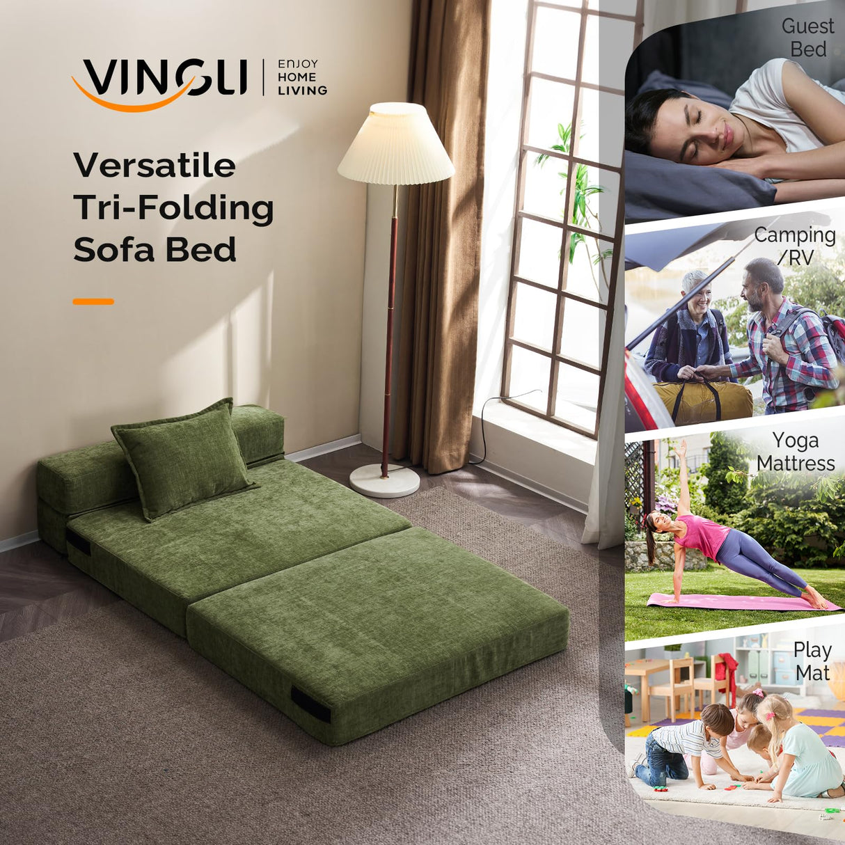 VINGLI Futon Sofa Bed Sleeper Sofa Chair Bed Floor Sofa Twin Small Couch Folding Mattress Couches for Living Room Floor Chair Freestanding RV Futon Couch for Indoor and Outdoor (Olive Green) VINGLI