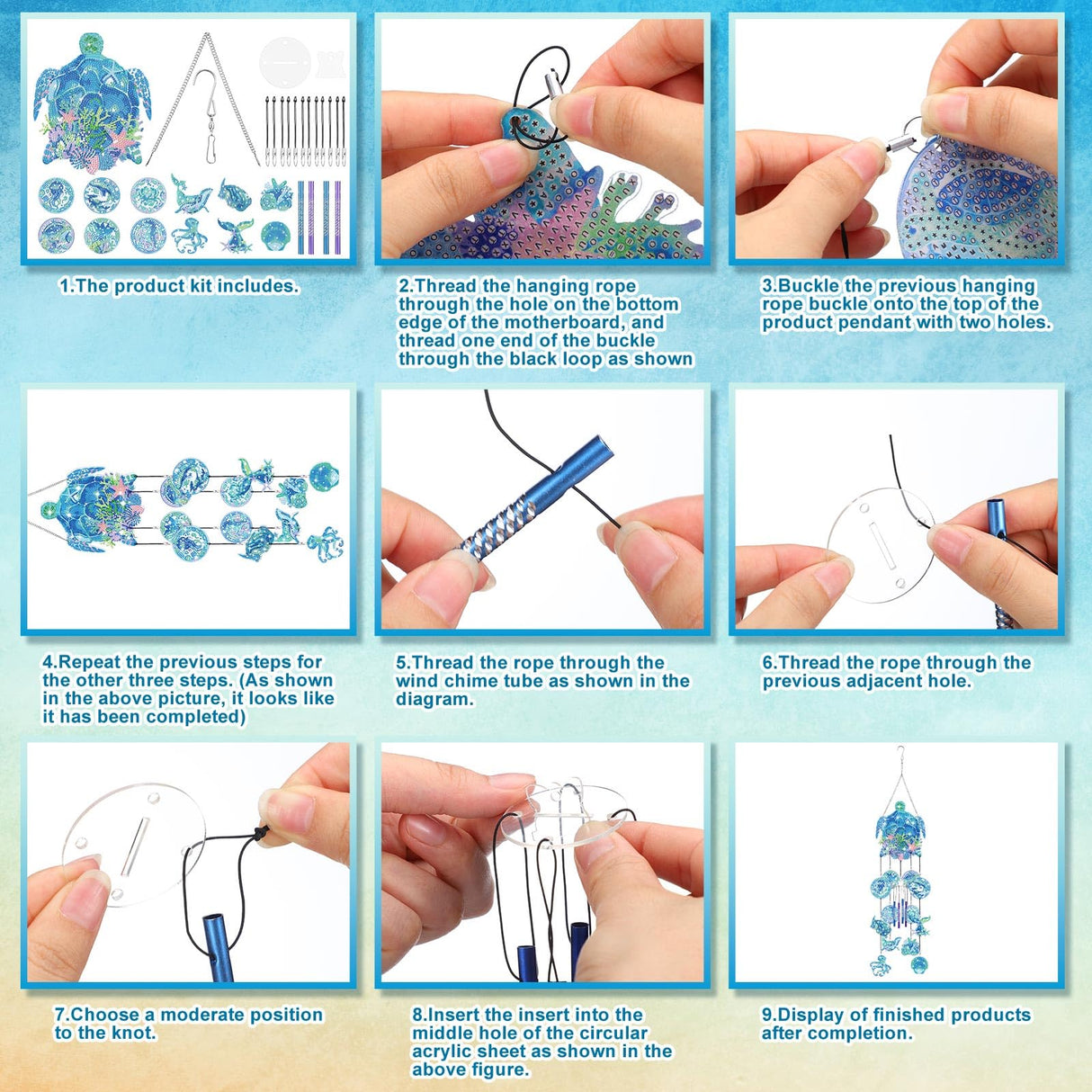 GlikCeil Beach Wind Chimes Diamond Art Wind Chimes Suncatchers Beach Diamond Art Kits with Crystal Pendant Hanging Ornament for Home Garden Patio Backyard Decor(Blue) GlikCeil