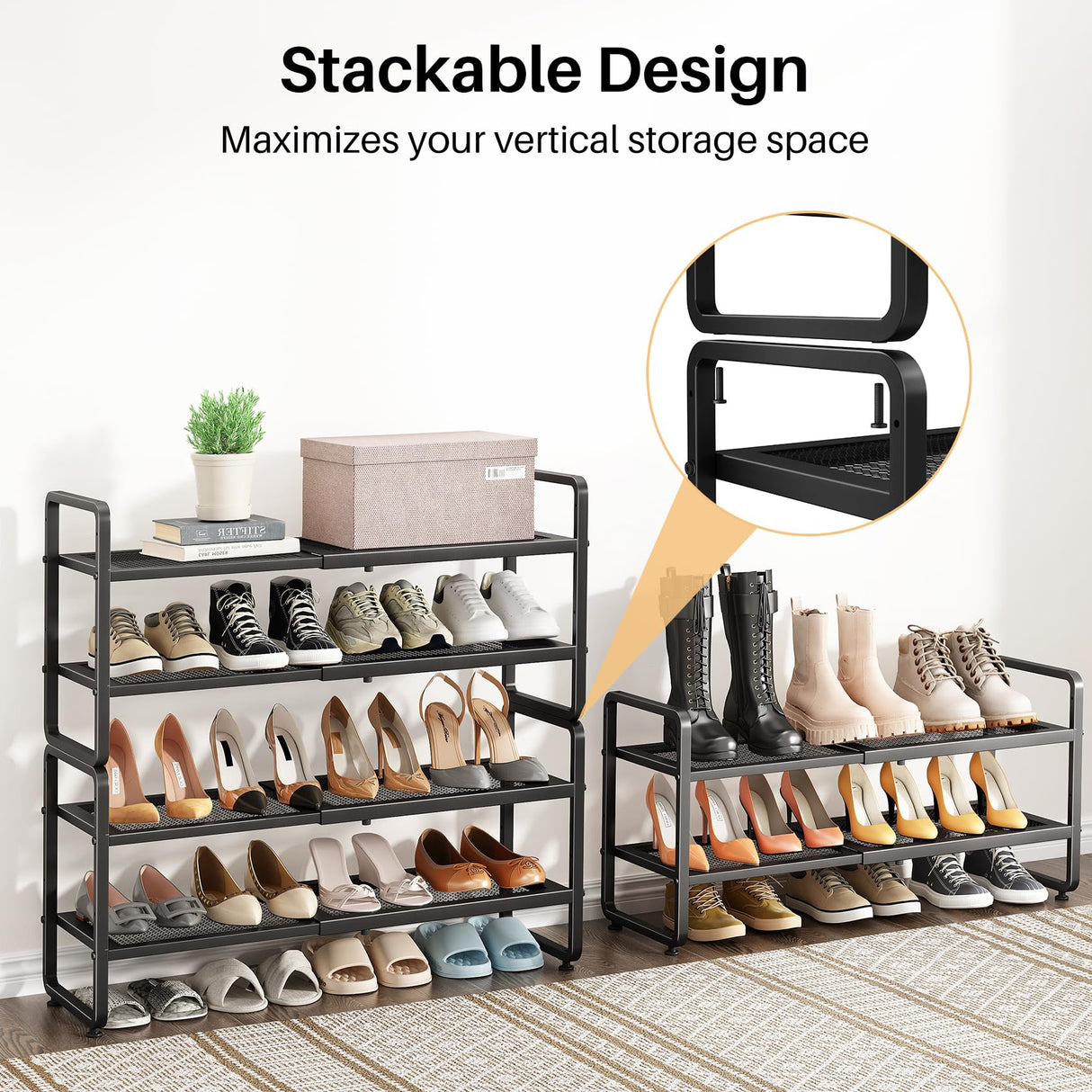 Shoe Rack - Expandable Shoe Organizer for Closet, Adjustable Metal Shoe Shelf Storage, 2 Tier Stackable Long Shoe Stand Holder for Garage, Entryway, Door Entrance, Black SNTD