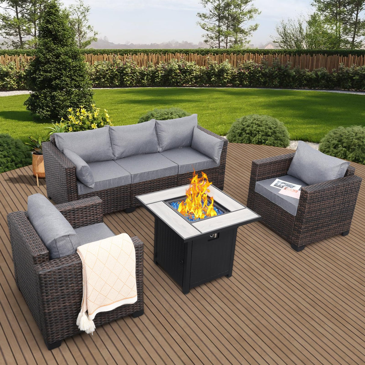Valita Patio Rattan Furniture Set 4-Piece Outdoor PE Wicker Conversation Couch, Brown Sectional Sofa Couch with 50,000BTU Adjustable Fire Pit Table Non-Slip and Washable Gray Cushions Valita