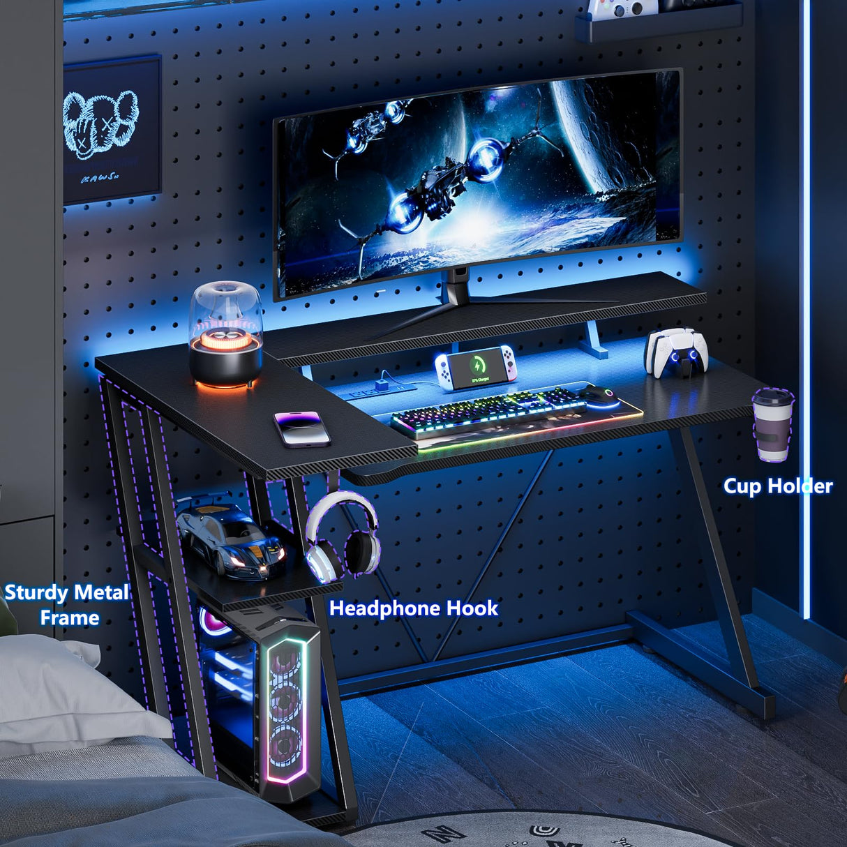 Korfile Computer Gaming Desk with Power Outlet & LED Lights, 47 Inch L Shaped Gamer Table with Storage Shelves for Bedroom, Reversible Corner Home Office Desk, Carbon Fiber Black Korfile