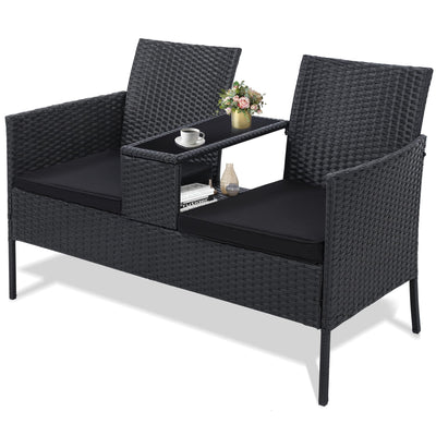 Kromax Wicker 2 Seat Patio Loveseat, Outdoor Rattan Loveseat with Table, Washable Cushion Covers, Backyard, Garden, Lawn, Black Rattan with Black Cushion