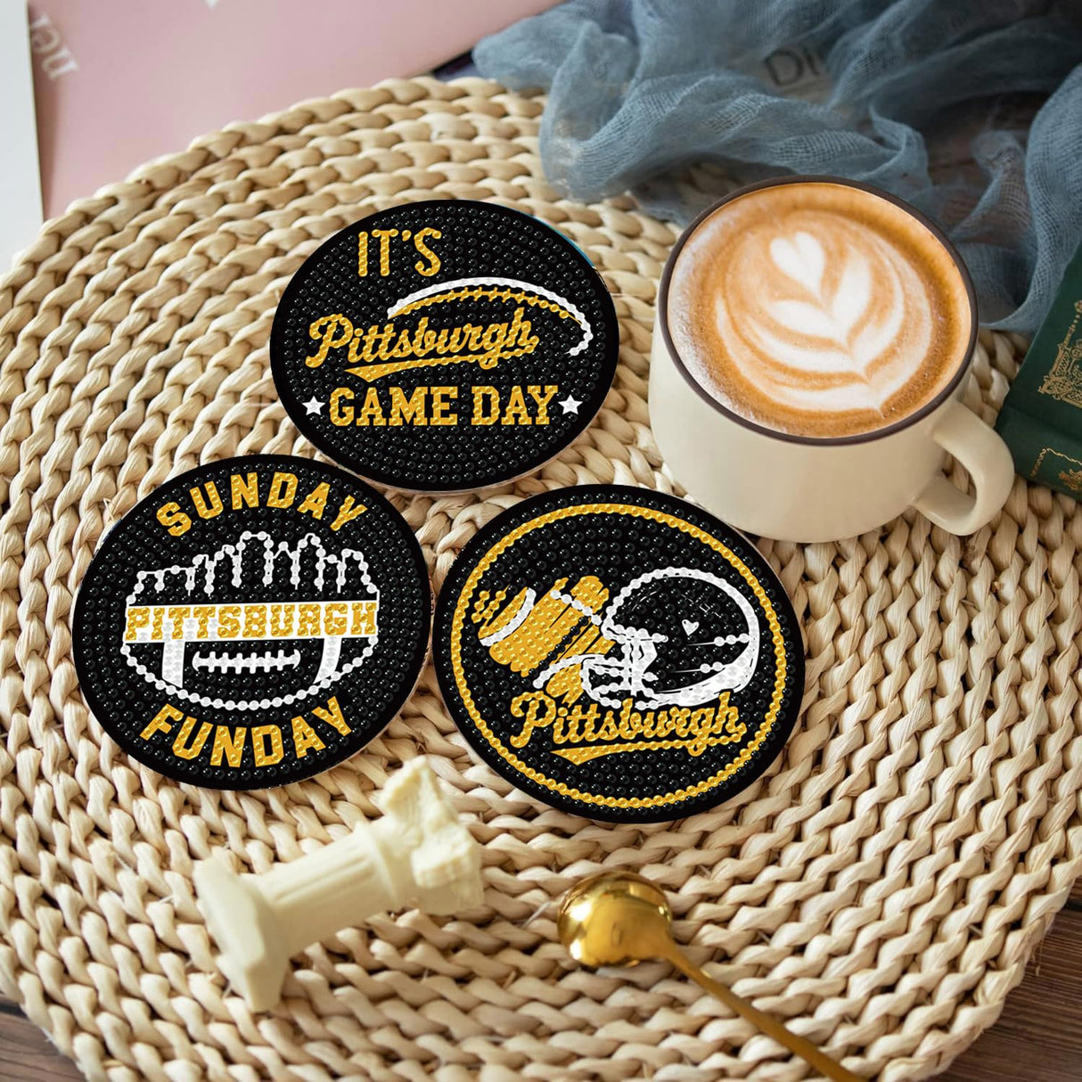 Bartogro 8 Pcs Diamond Painting Coaster Kits, DIY Football Diamond Art Coasters with Holder Sports Diamond Art Crafts Supplies for Pittsburgh Design Bartogro