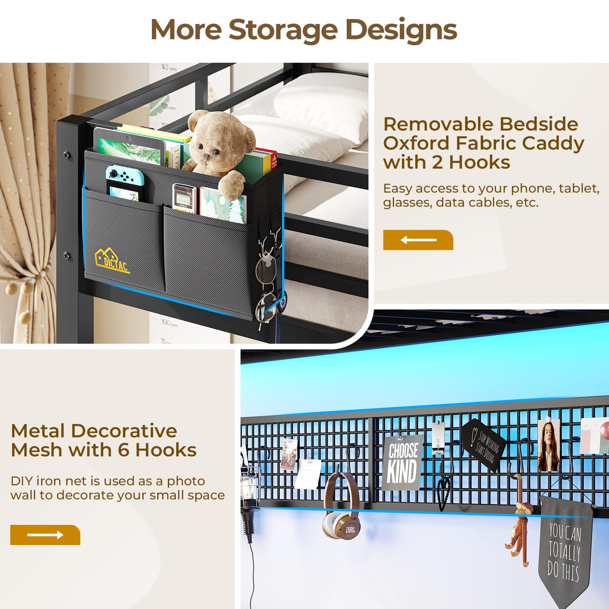DICTAC Twin Over Twin Bunk Bed with Led Lights and Charging Station Convertible Loft Bed Twin Size with Desk and Seat Metal Bunk Bed with Desk & Safety Guard and Stair,Black(Cushion not Included) DICTAC