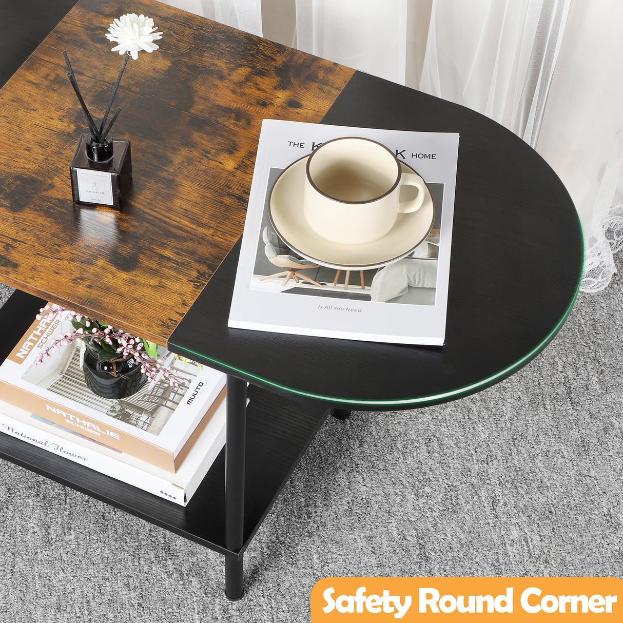 Coffee Tables for Living Room,2-Tier Small Oval Center Table Industrial Modern Style Coffee Tables with Storage Shelf and Wood Tabletop for Small Space,Home Office,Brown & Black Shinoske