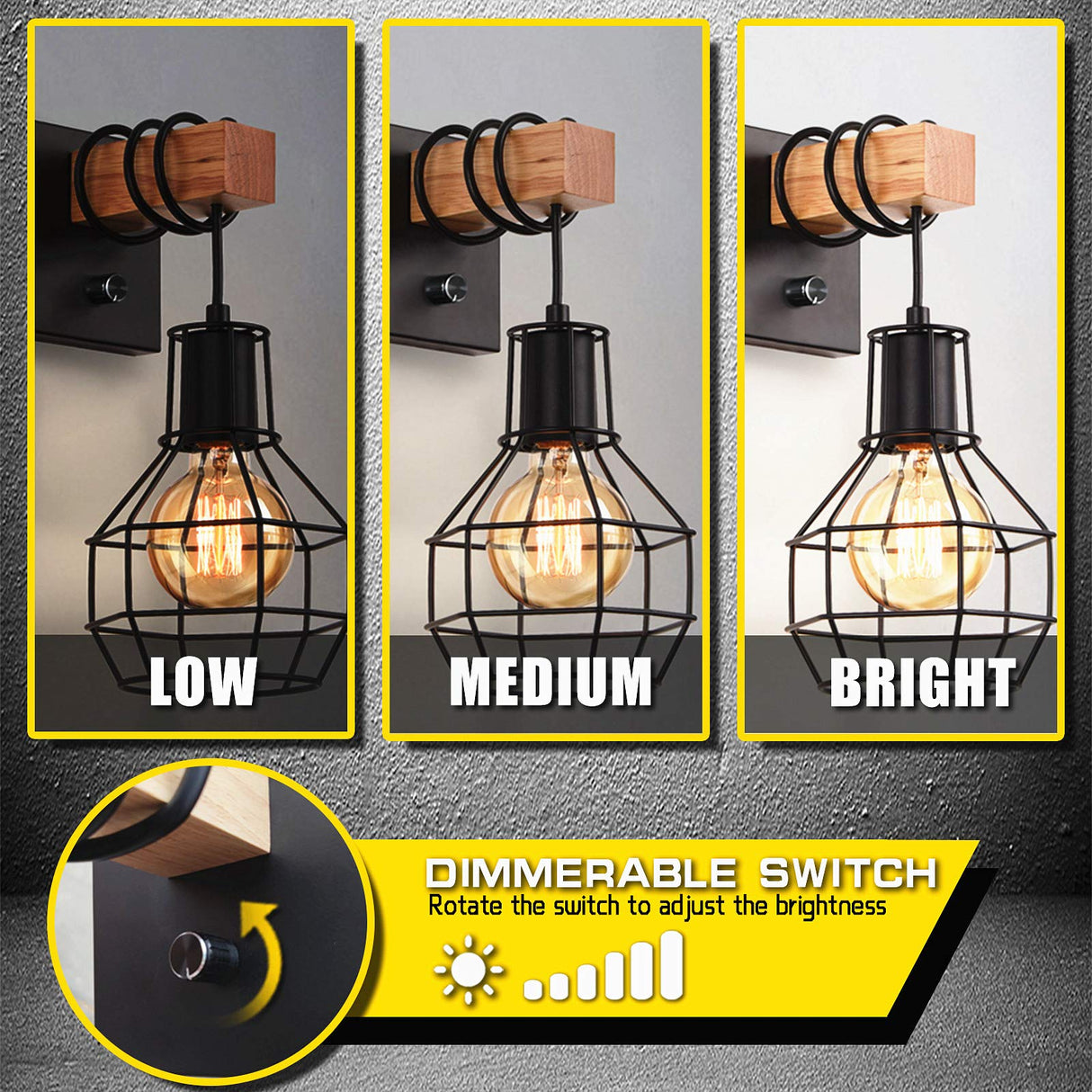 Black Wall Sconces with Dimmer ON/Off Switch, Cage Wall Mount Light Fixture Industrial Farmhouse Lighting for Living Room Kitchen, C71Y215 Lightess