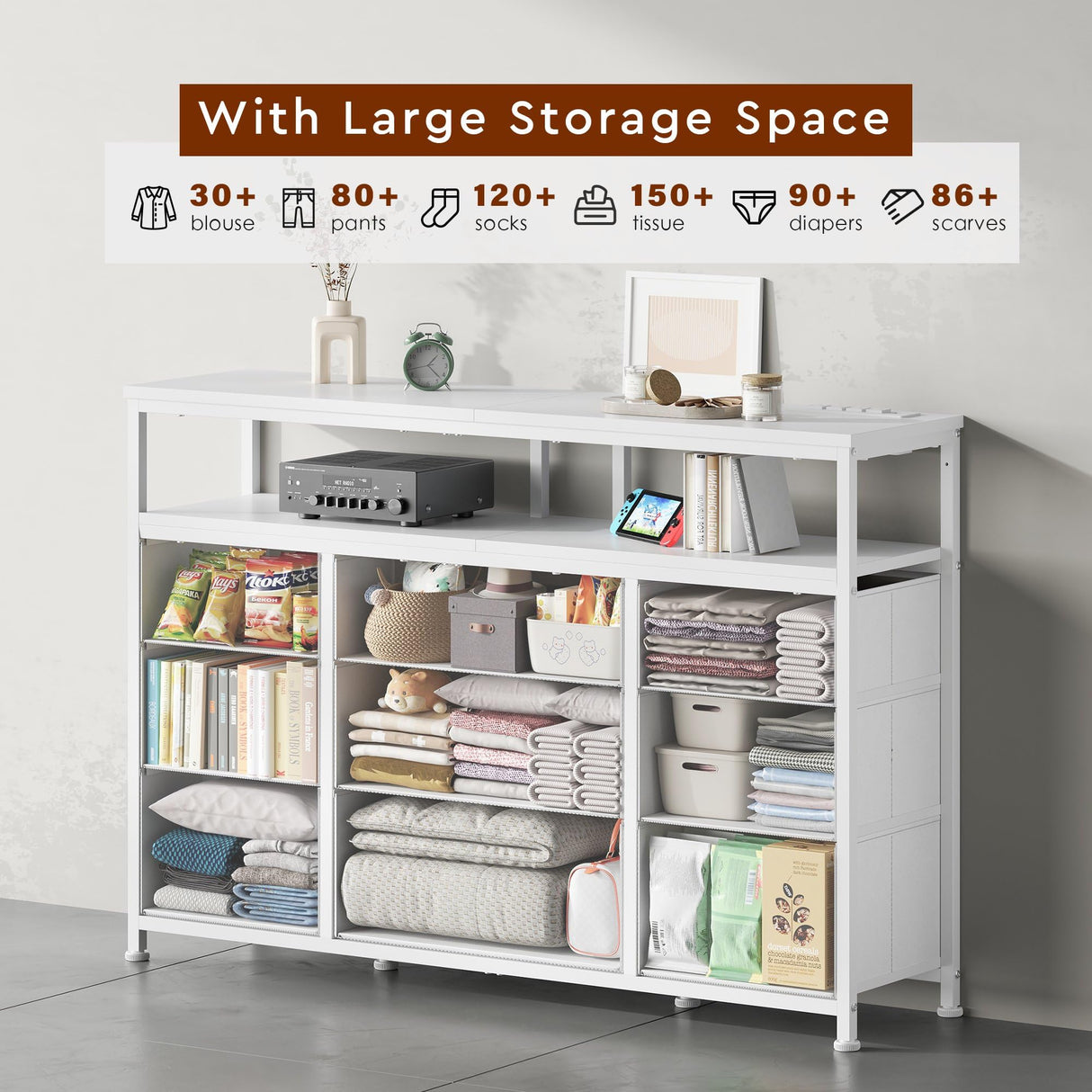 YeTom Tv Stand Dresser for Bedroom with Charging Station and LED Lights,9 Fabric Drawers White TV Stand with Open Shelf Storage,Media Console for TV ups to 55",Metal Frame,Wood Top,White YeTom