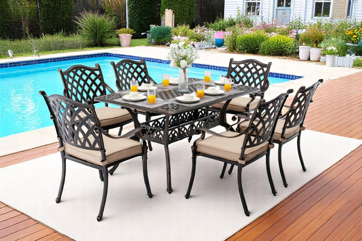 ๐๐ถ๐น๐ถ๐๐บ๐ฎ๐ถ๐น 7 Piece Outdoor Dining Set Cast Aluminum Retro Patio Dining Set for 6 includes 59โ Rectangular Table and 6 Chairs with Thicker Cushions and Umbrella Hole for Patio Deck Garden Ailismail