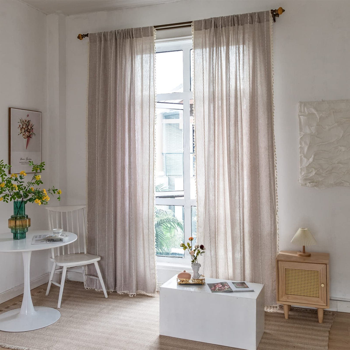 RoomTalks Country Farmhouse Cotton Polyester Curtains for Bedroom Living Room 63 Inch Length Light Filtering Boho Chic Cabin Rustic Window Curtain Panels with Tassels Striped Bohemian Draperies RoomTalks