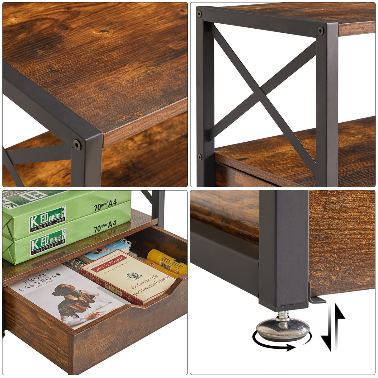 IBUYKE 2 Tier Desktop Printer Stand,Multi-Purpose Desk Organizer,Wooden Printer Stand with Drawer Storage for Folders,Books,for Fax Machine, Scanner,Home Office,Rustic Brown UTLJ006H IBUYKE