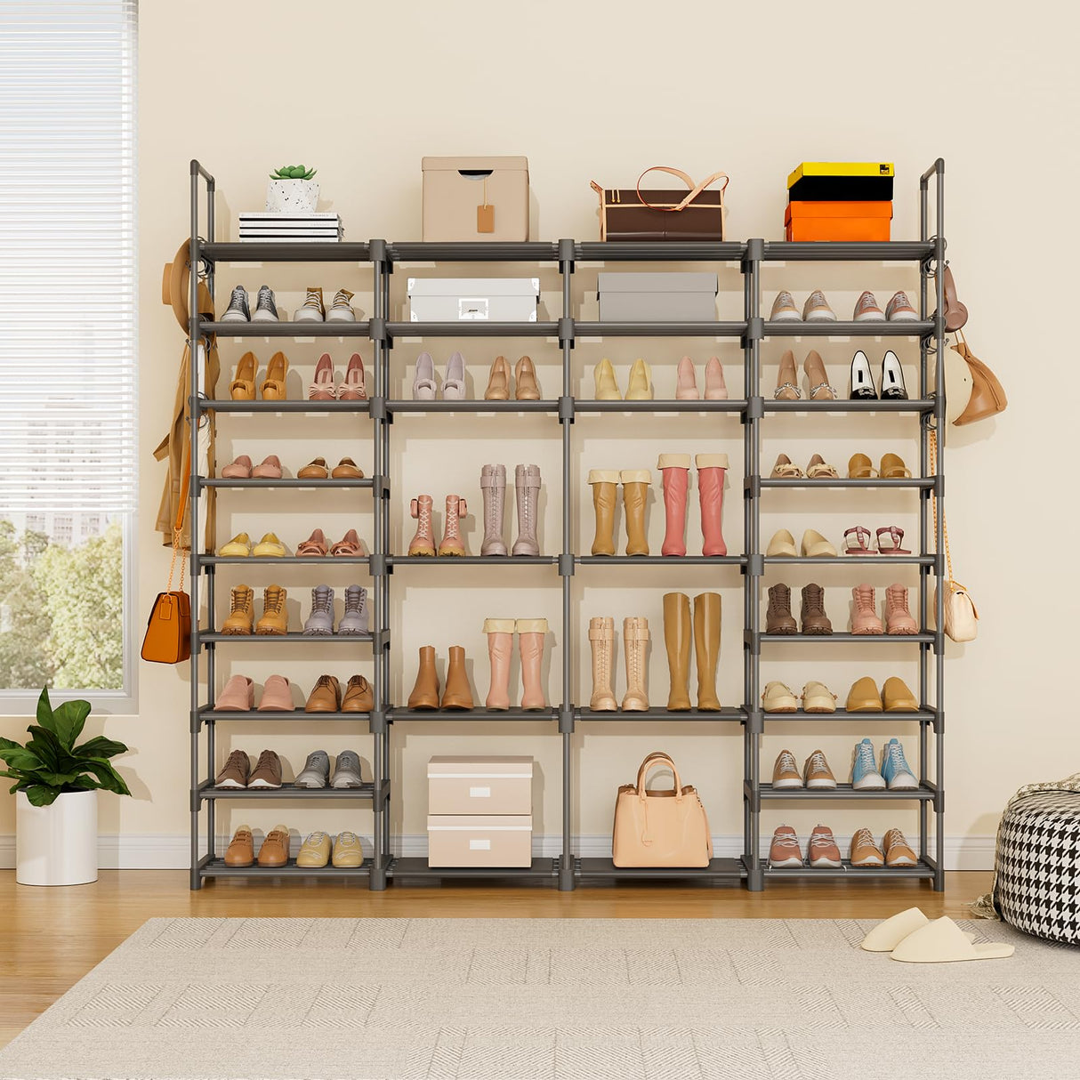 ROJASOP Large Shoe Rack Organizer for Entryway Closet 64-68 Pairs 9-Tier Heavy Duty Tall Garage Shoe Rack Shoe Shelf Shoes Storage with 18 Pcs Removable Side Hooks for Bedroom and Garage Grey ROJASOP