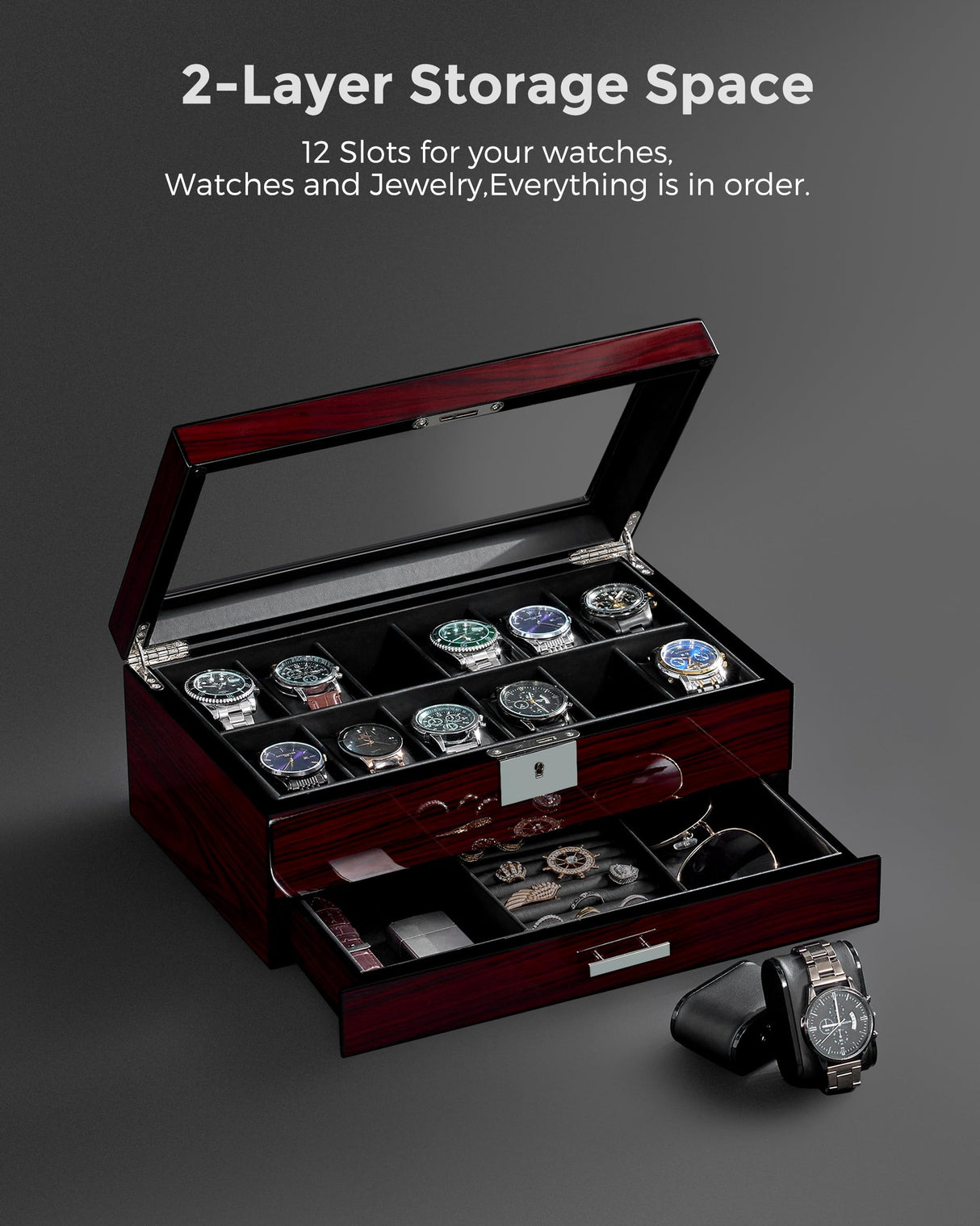 ANWBROAD 12 Slot Watch Cases for Men Watch Box with Large Lid Jewelry Box with Watch Storage 2-Tier Paint Surface Watch Holder Organizer for Men Lockable Watch Display Case UJWB001Y ANWBROAD