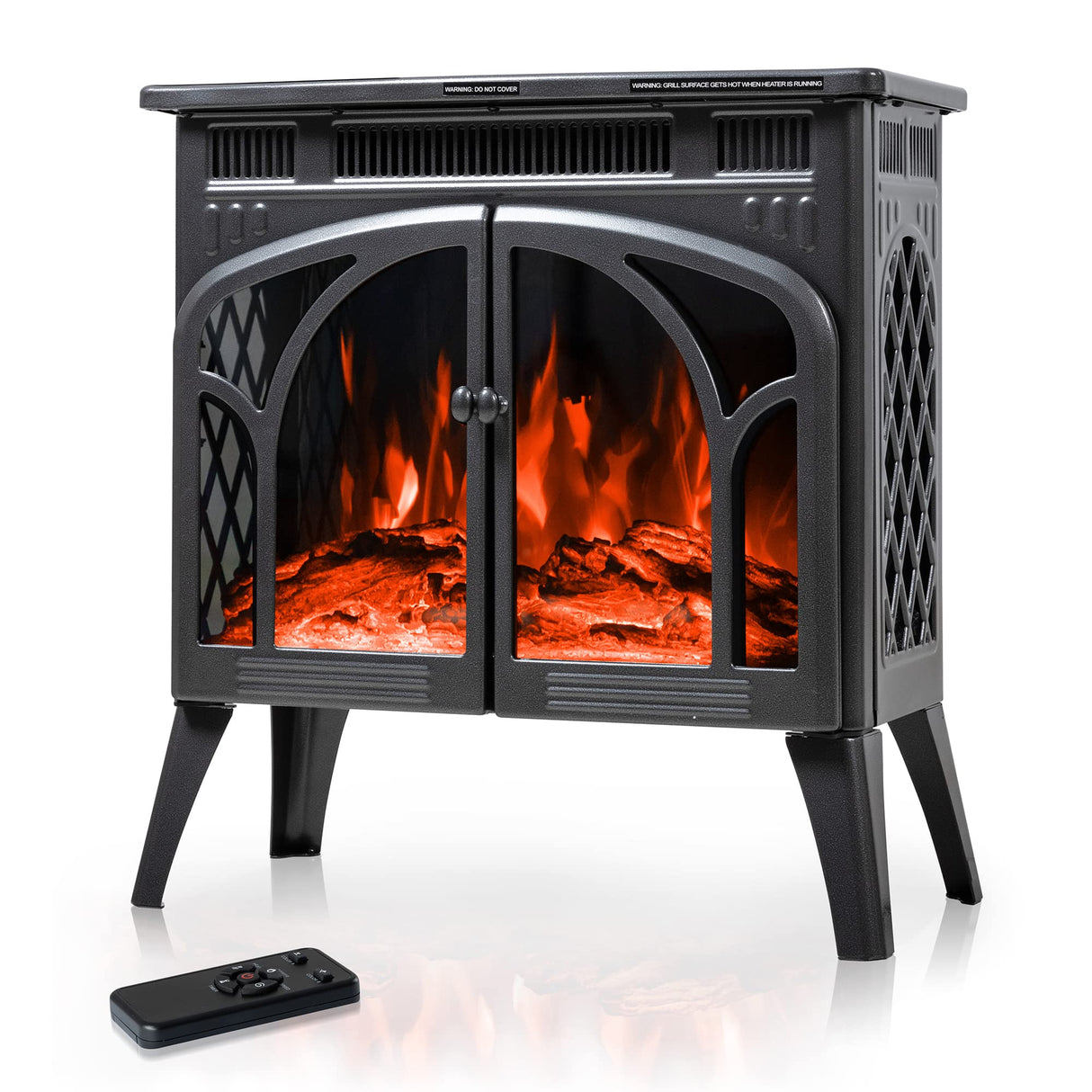 Electactic 24Inch Electric Fireplace Stove, Free-Standing Infrared Fireplace Stove, Controllable 3D Flame, 4 Variable Flame&Log Colors, 1500w, 5100BTU, (S230B-GREY), Grey Metal Electactic