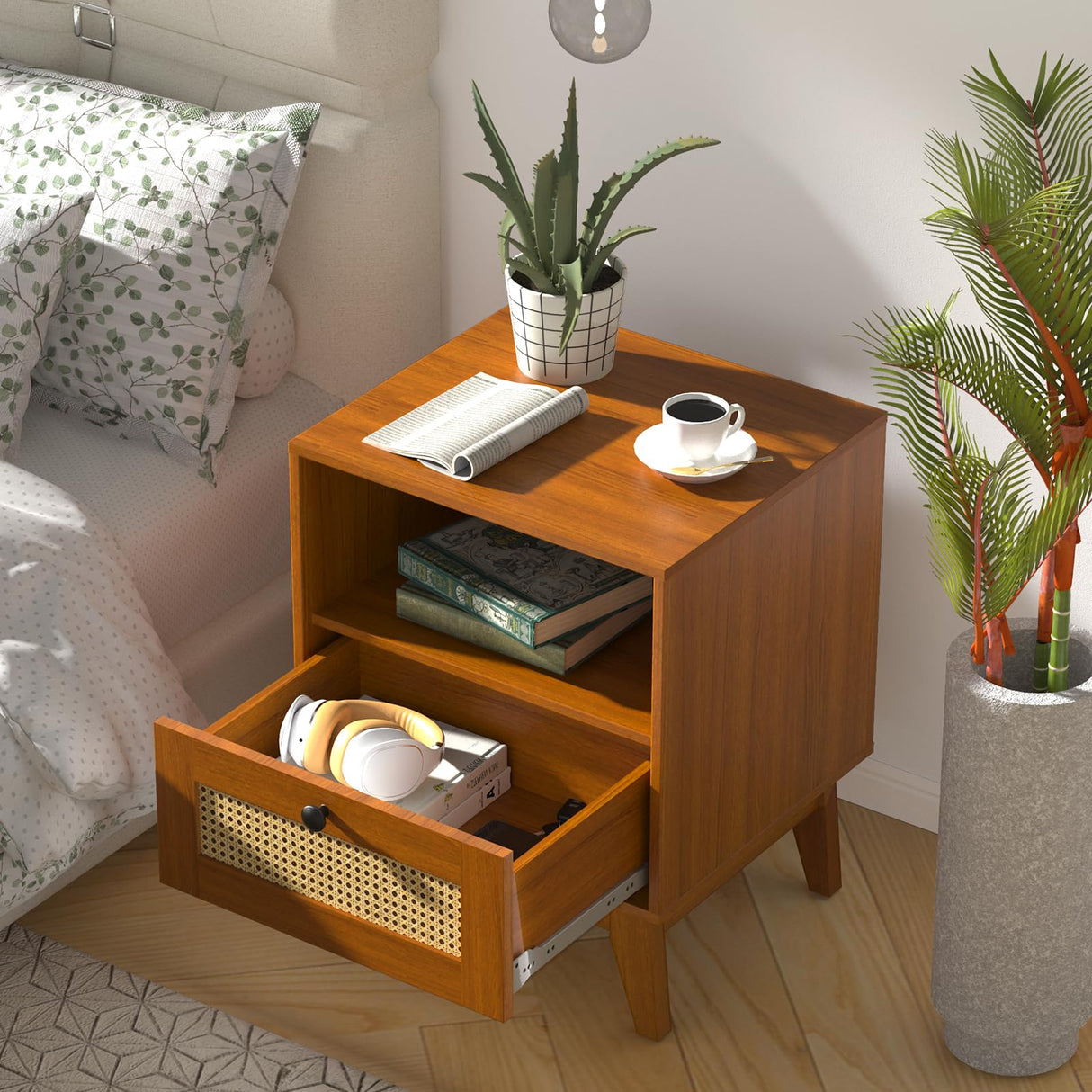 Ryvorbe Modern Rattan Nightstand Wood Side Table with Natural Rattan Drawer- Boho Nightstand with Solid Wood Legs for Bedroom, Living Room and Small Spaces Ryvorbe
