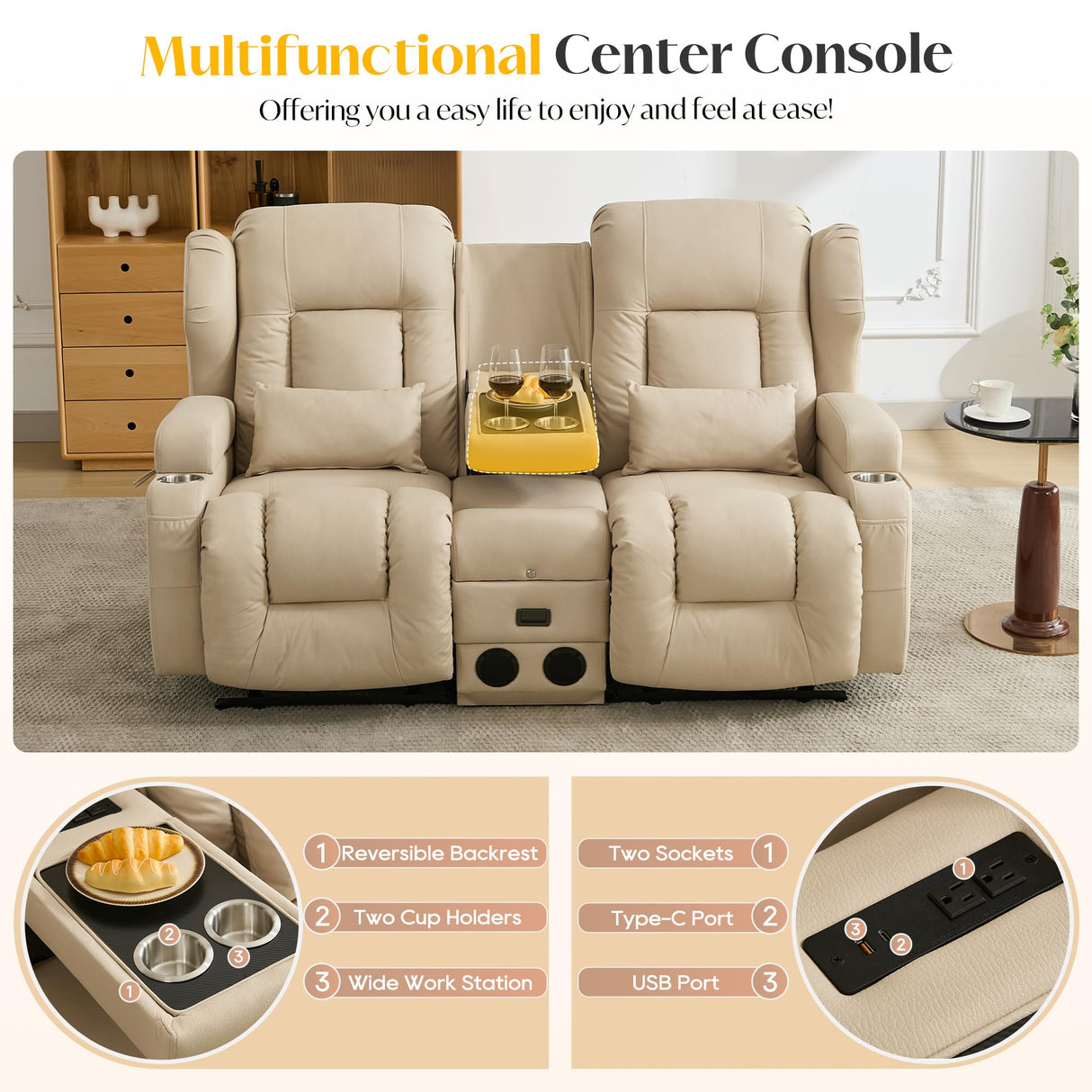 DRMBOOK Loveseat Rocker Recliner Sofa, Leathaire Fabric Double Reclining Couches with Console, Manual Reclinable Dual Recliner, RV Movie Theater Seating with USB/Bluetooth Speaker (Leathaire Beige) DRMBOOK