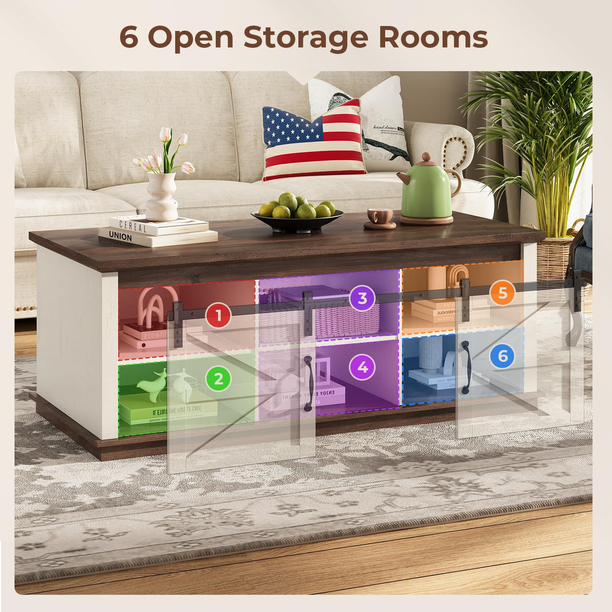 UPOSOJA Farmhouse Coffee Table for Living Room with Storage & 4 Sliding Barn Doors, Adjustable Shelves, Modern Rectangular Rustic Living Room, Meeting Room, Hall Coffee Tables (White Brown) UPOSOJA