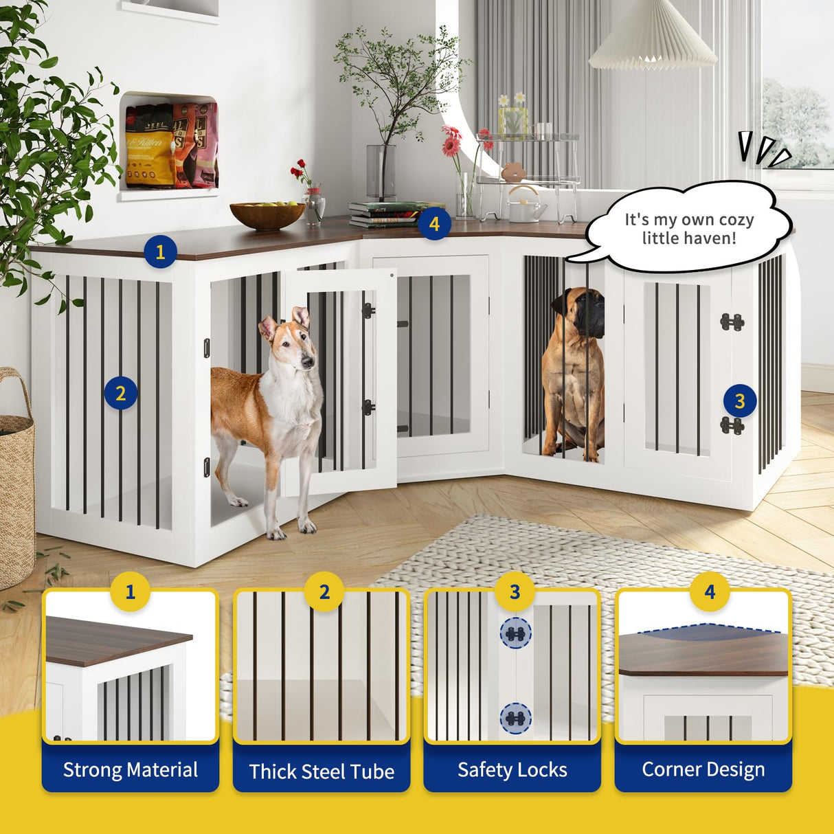 Large Dog Crate Furniture for 3 Dogs, 113'' Corner Dog Crate with Divider, 3 in 1 Heavy Duty Indoor Wooden Dog Kennel Furniture for Small Medium Large Dogs, White DEYGIA