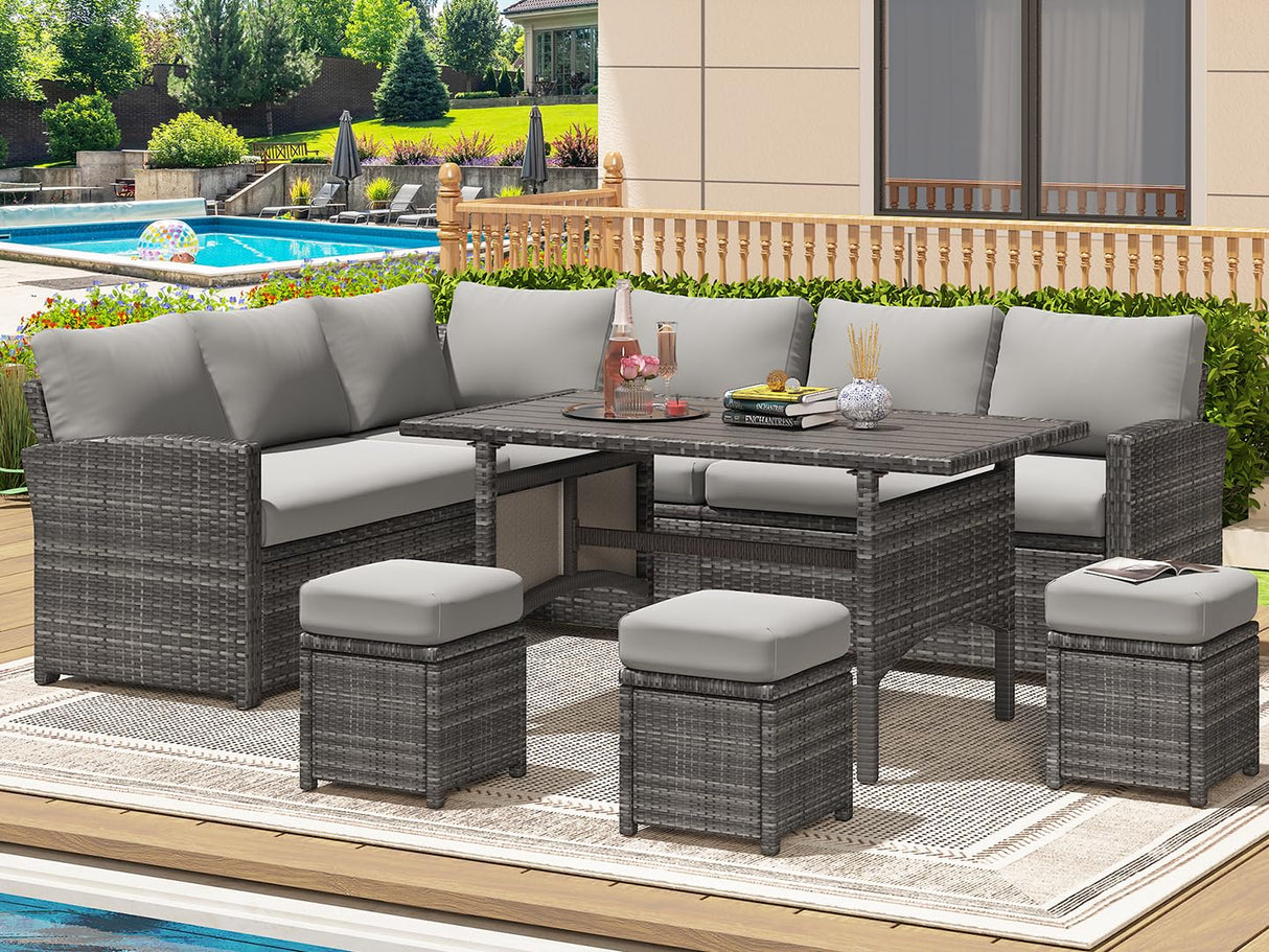 U-MAX 7 Pieces Patio Furniture Set with 43 Inch Fire Pit Table, Outdoor Sectional Sofa Conversation Set, All Weather Wicker Rattan Dining Table & Chair with Ottoman, Grey Rattan&Grey Cushion U-MAX