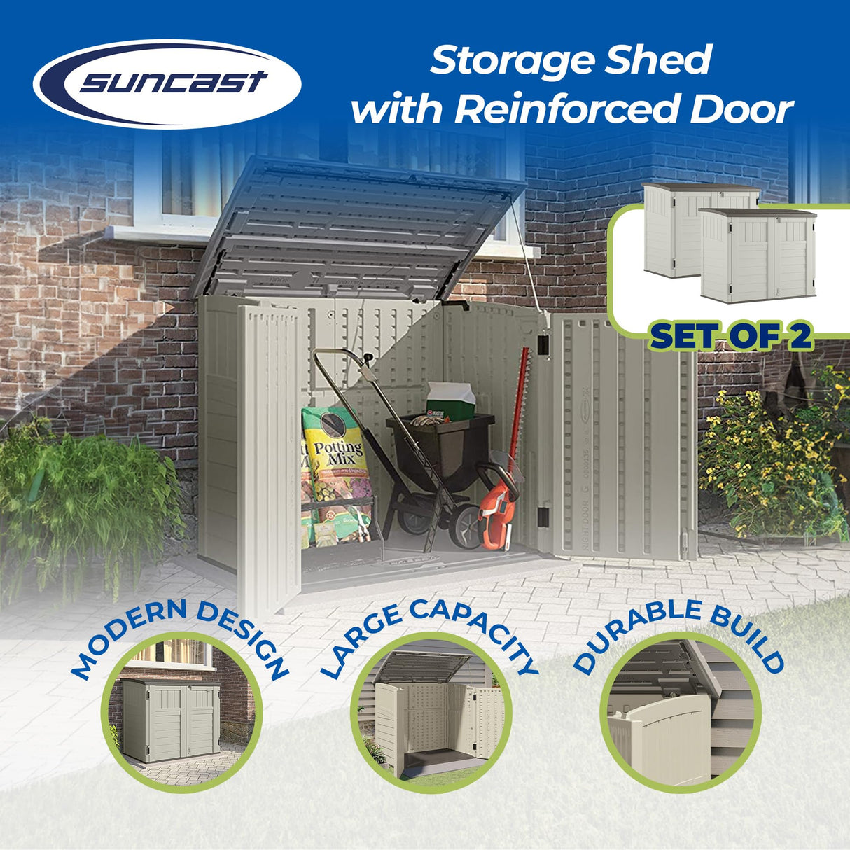 Suncast 2 Pack 34 Cu Ft Capacity Horizontal Outdoor Storage Shed for Garbage Cans, Garden Accessories, Backyard, and Patio Use, Vanilla Suncast