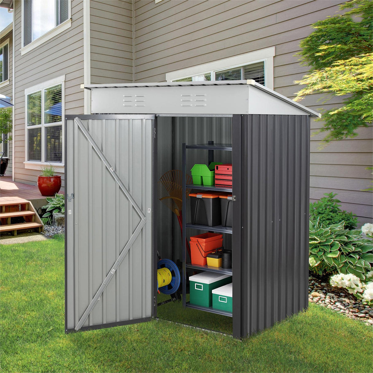 Vongrasig 5 x 3 x 6 FT Outdoor Storage Shed Clearance with Lockable Door Metal Garden Shed Steel Anti-Corrosion Storage House Waterproof Tool Shed for Backyard Patio, Lawn and Garden (Dark Gray) Vongrasig