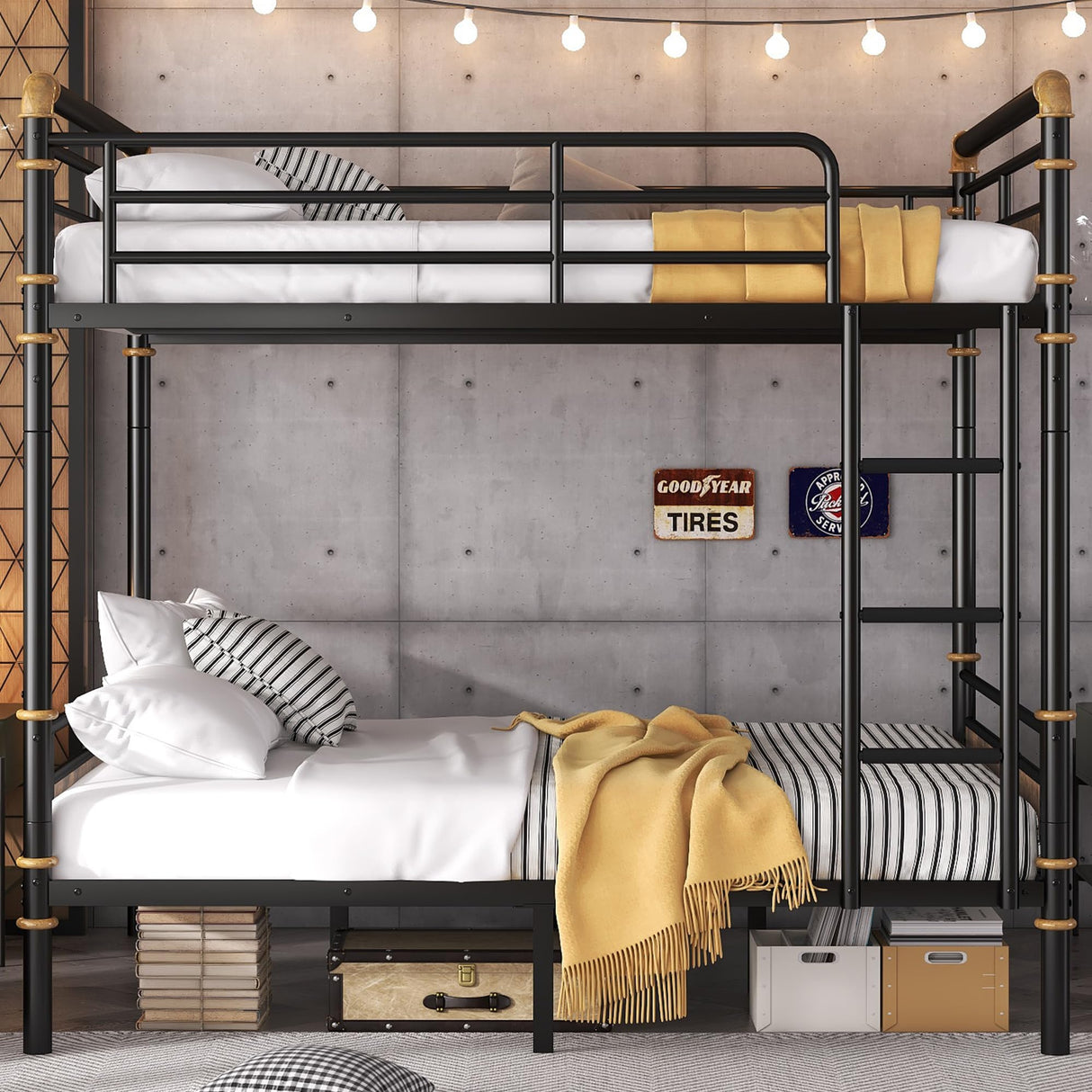 Duxelifin Full Over Full Bunk Bed for Teens & Kids, Heavy-Duty Metal Bunkbeds Industrial Convertible Bunk Bed Frame with High Safety Rails and Ladders, No Box Spring Needed (Black) Duxelifin