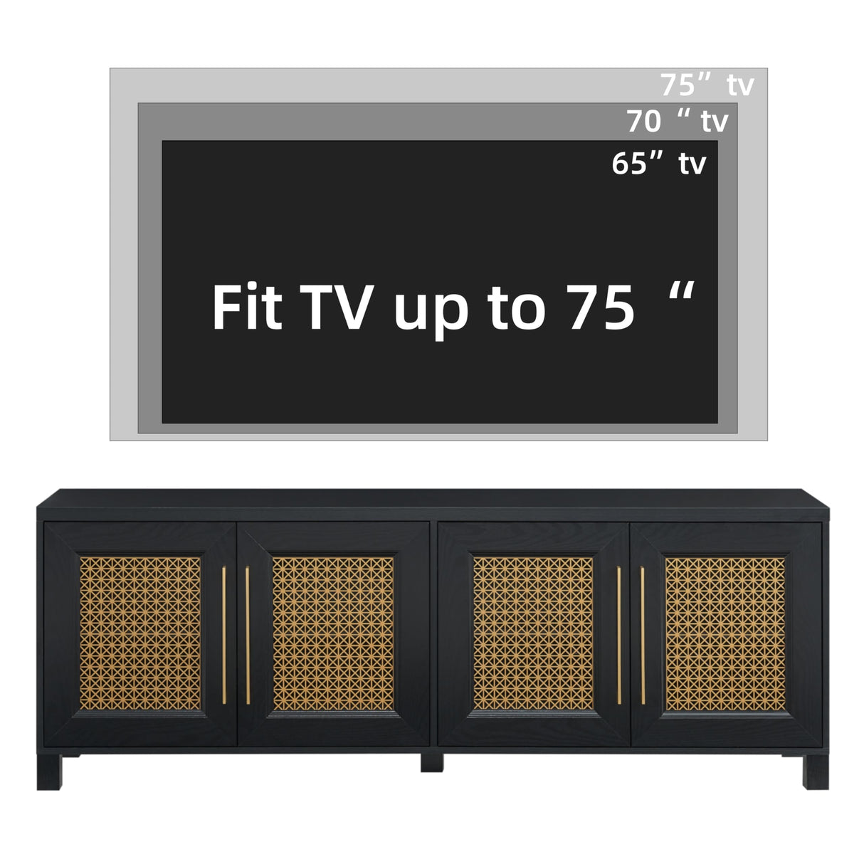 JYED Mid Century Modern TV Stand for TVs up to 75", with Gold Hollow Metal Mesh Decorated, Boho TV Console with Storage Cabinets, Black TV Stand for Living Room, 69.5"x15.6"x24.8" JYED DECOR
