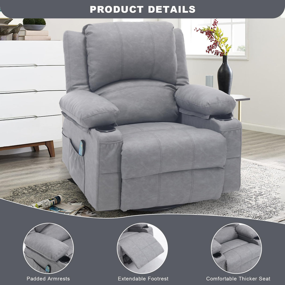 Massage Swivel Rocker Recliner with Lumbar Heat, Overstuffed PU Leather Recliners for Living Room, Modern Single Rocking Chair for Adults, Manual Rocker Recliner with Cup Holders for Bedroom, Grey Comermax