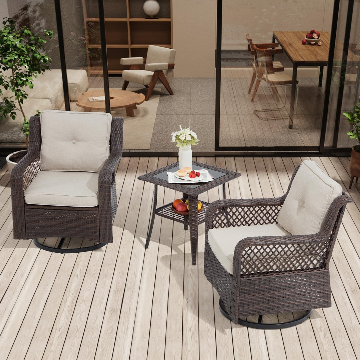 Suvivityse 3 Pieces Outdoor Swivel Chair, Wicker Patio Bistro Set with Rocking Chair, Side Table for Garden Porch Backyard(Beige) Suvivityse