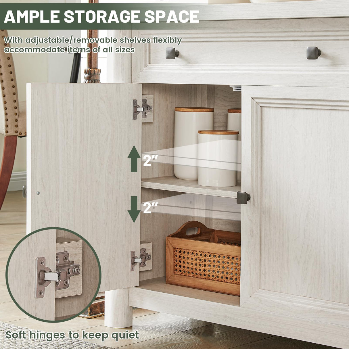 Standifurno Farmhouse Sideboard Buffet with Drawers, 59" Large Credenza Storage Cabinet with Shelves & 4 Doors, Wood Rustic Kitchen Coffee Bar Console for Living Room, White Standifurno