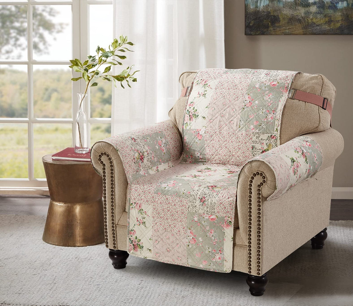 Brilliant Sunshine Traditional Rose and Sage Patchwork Quilted Chair Slipcover, 23" Seat Width, Slip Resistant Furniture Protector, 2" Strap, Washable Armchair Cover for Kids, Dogs, Cats, Rose Sage Brilliant Sunshine
