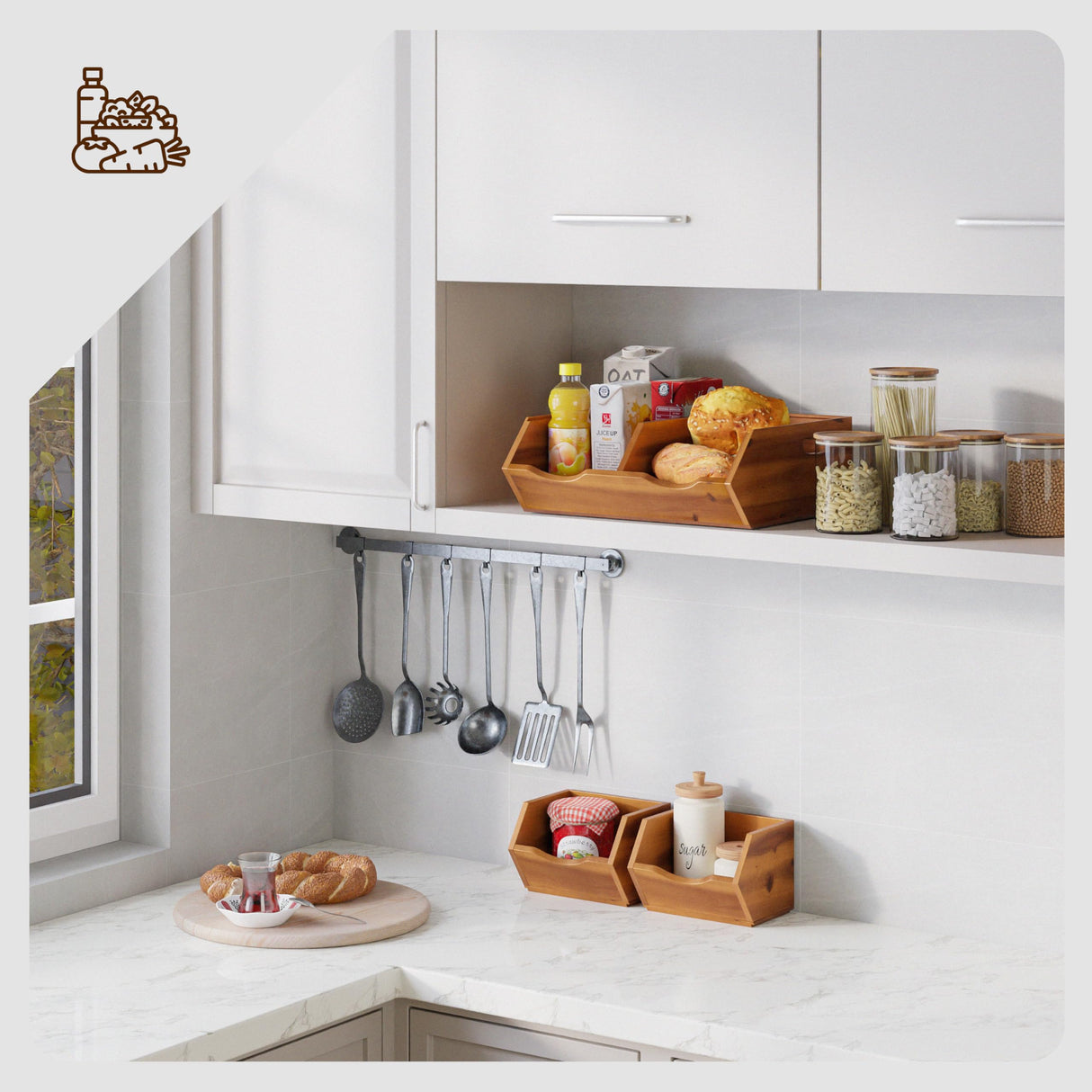 HOLANA Acacia Wood Pantry Storage Bins - Wooden Stackable Baskets - Potato and Onion Storage - Fruit Basket for Pantry Organization - Fruit Bowl for Kitchen Counter - Fruit and Vegetable Storage HOLANA