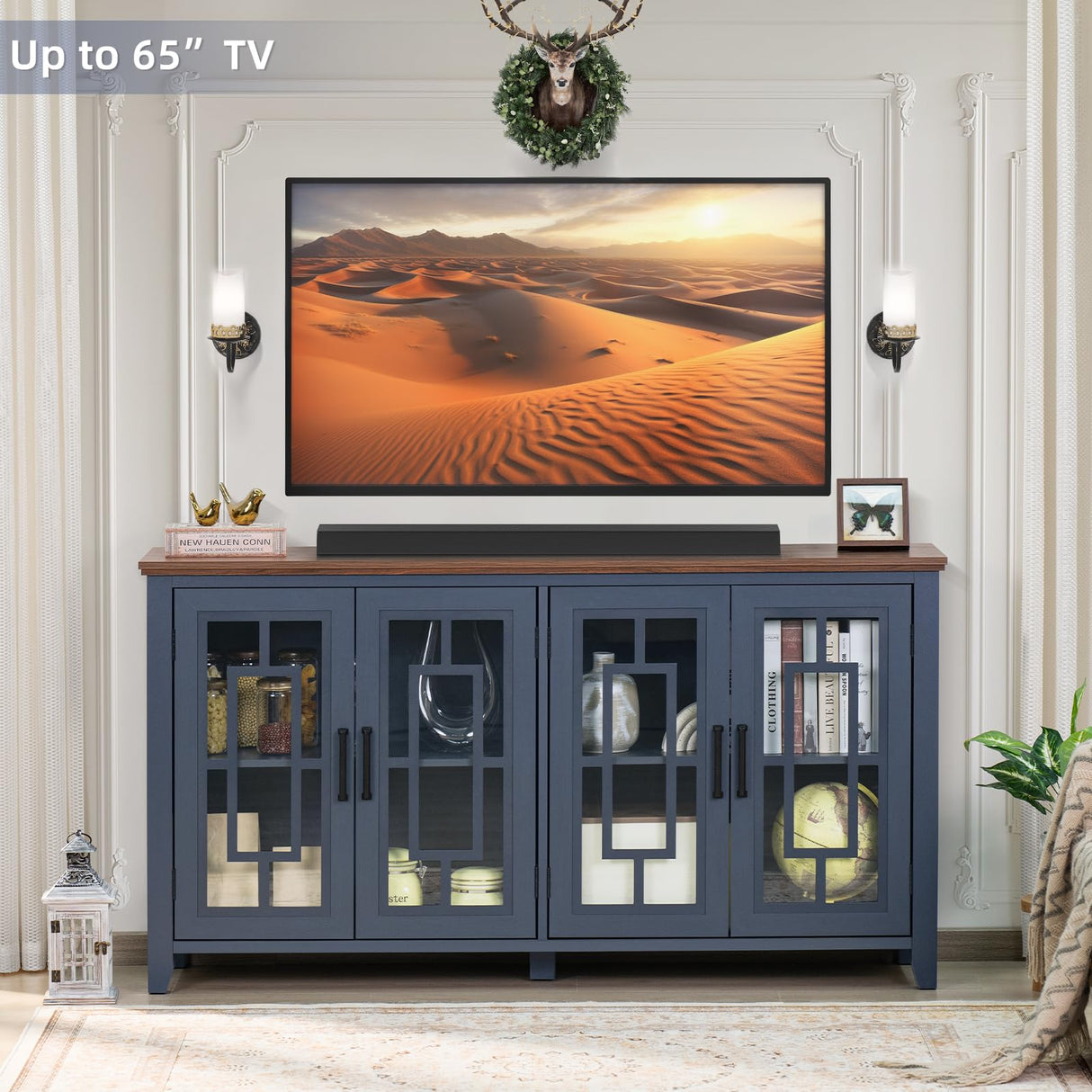 Joaxswe Large Sideboard Buffet Cabinet with Storage, 63" Farmhouse Navy Blue Kitchen Coffee Wine Bar Cabinet with 4 Glass Doors, Mid Century Modern Wood Side Board Table for Dining Room, Living Room Joaxswe